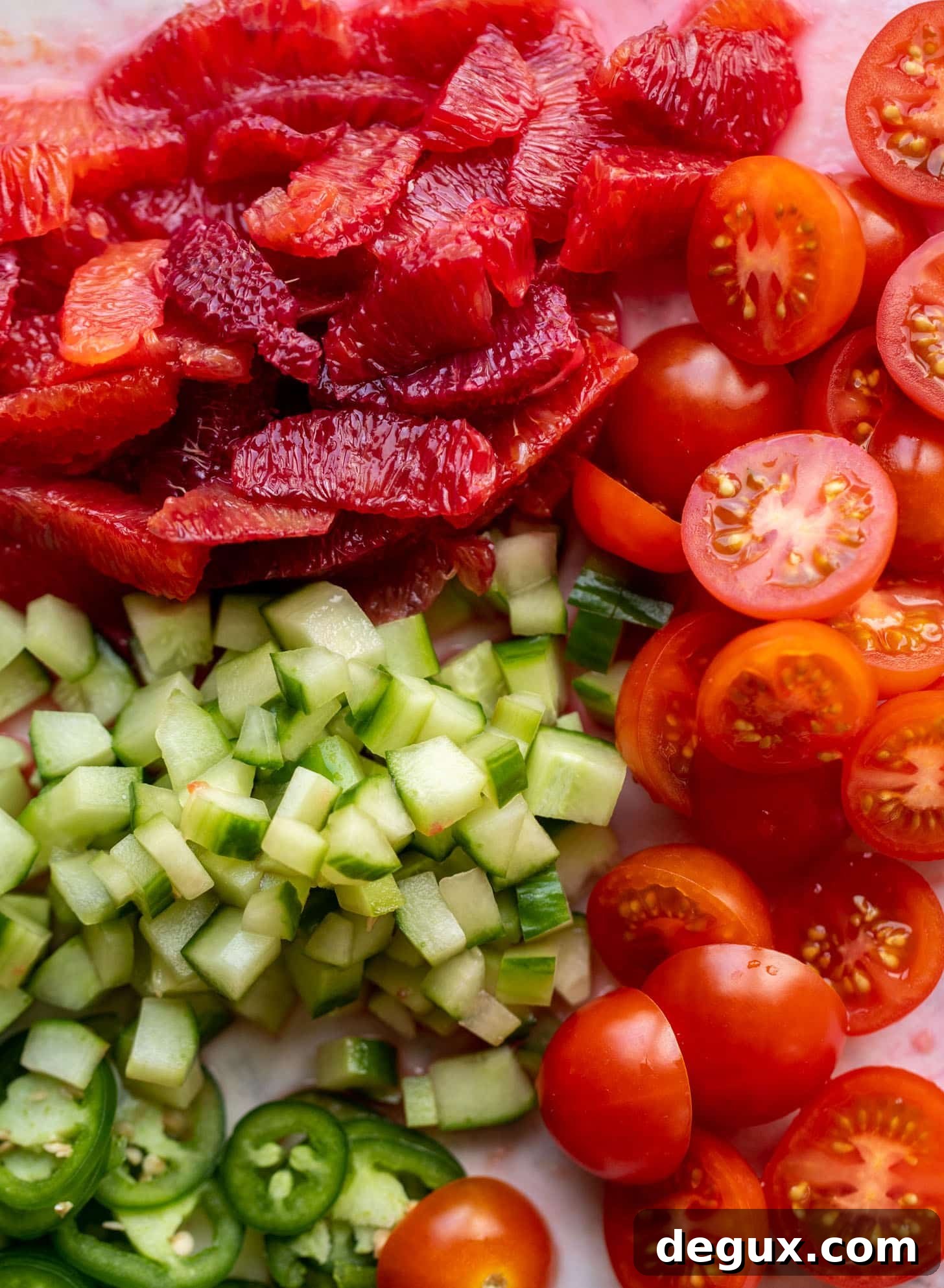 blood oranges, cucumber, jalapenos, tomatoes