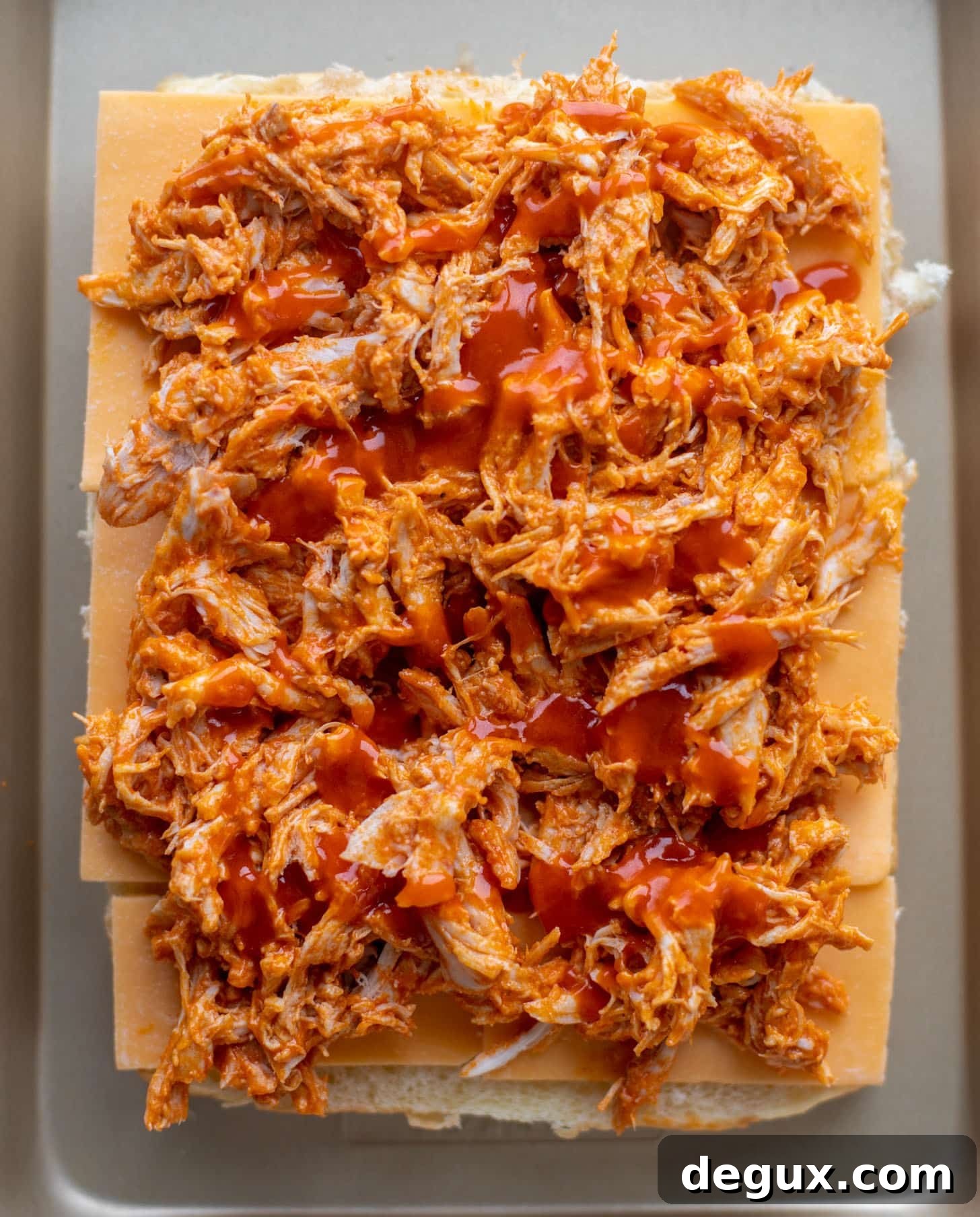 Buffalo Chicken Pull-Apart Sliders with Gorgonzola Slaw 4 layered pull-apart buffalo chicken sliders