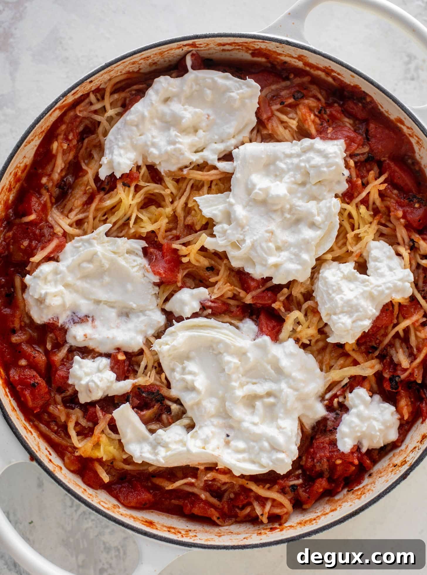 Fire-Roasted Spaghetti Squash with Tangy Tomato Sauce 6 fire roasted baked spaghetti squash ready for the oven