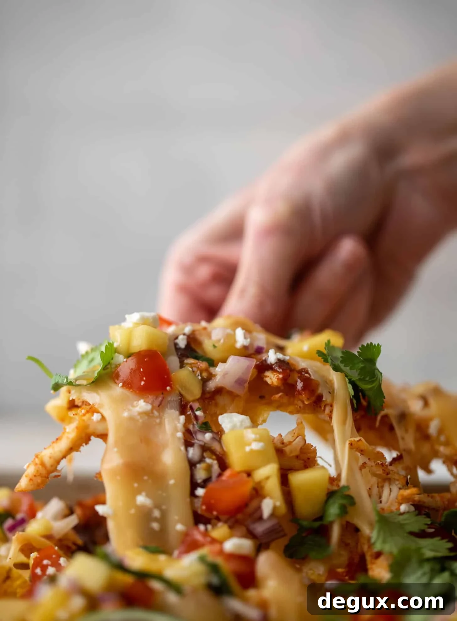Chipotle Honey BBQ Chicken Nachos with Mango Pico de Gallo 8 hot honey chipotle BBQ chicken nachos