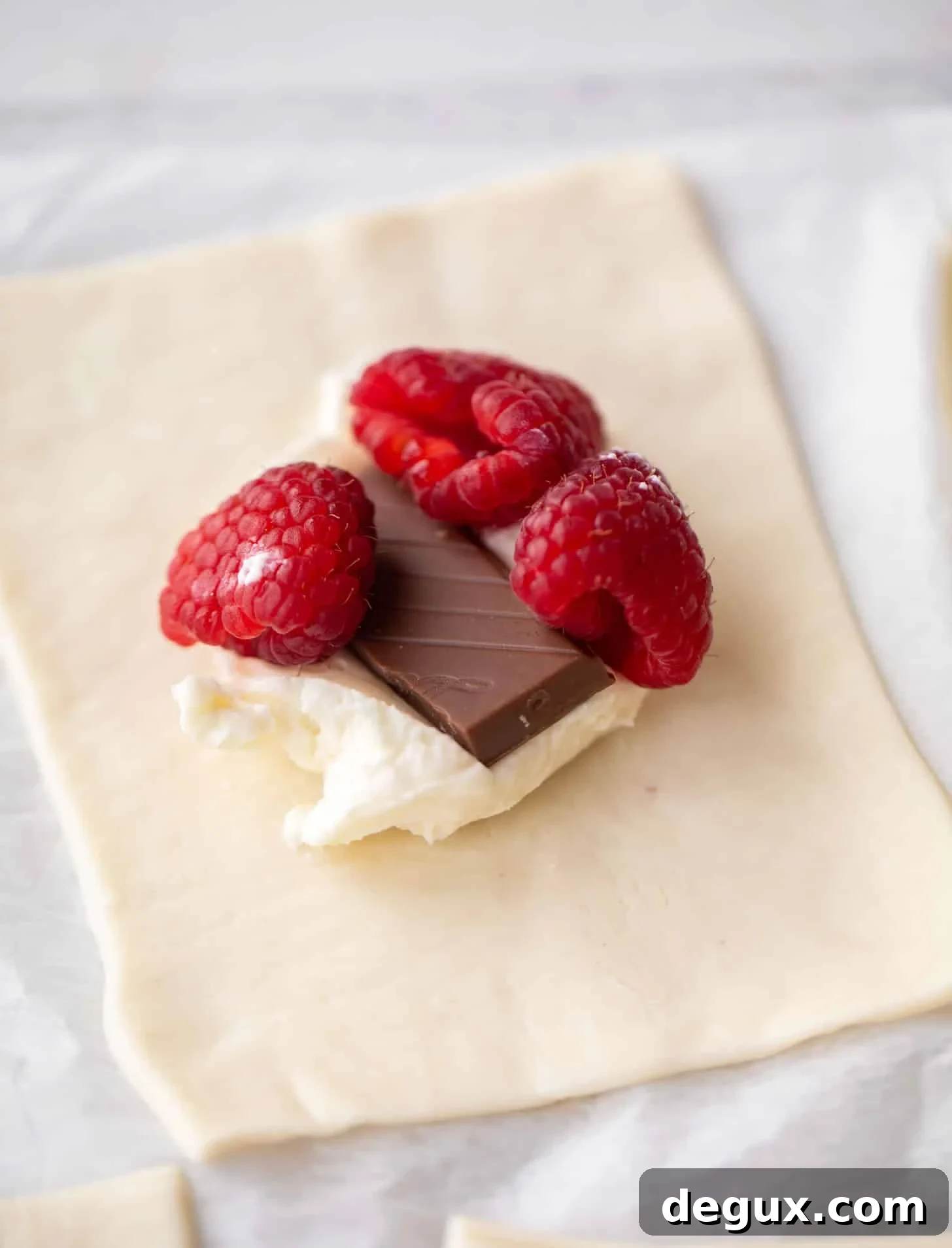 puff pastry with cream cheese, chocolate, raspberries