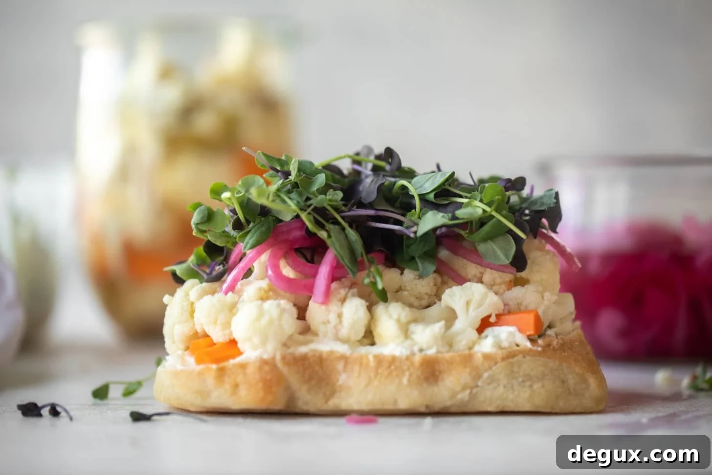 pickled veggie sandwich with scallion cream cheese