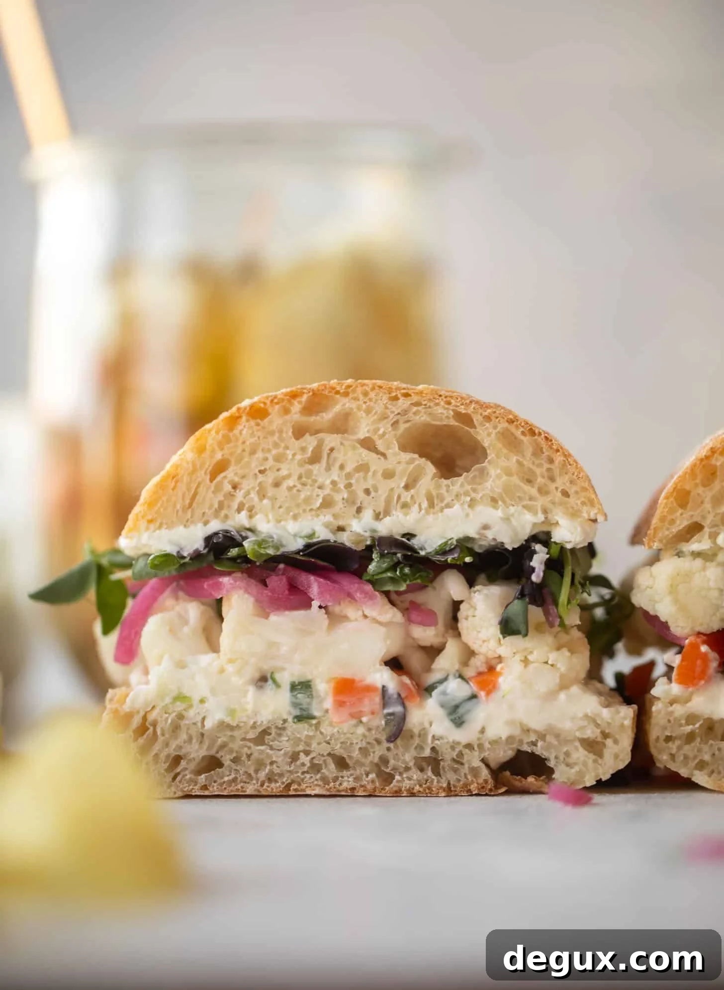 pickled veggie sandwich with scallion cream cheese