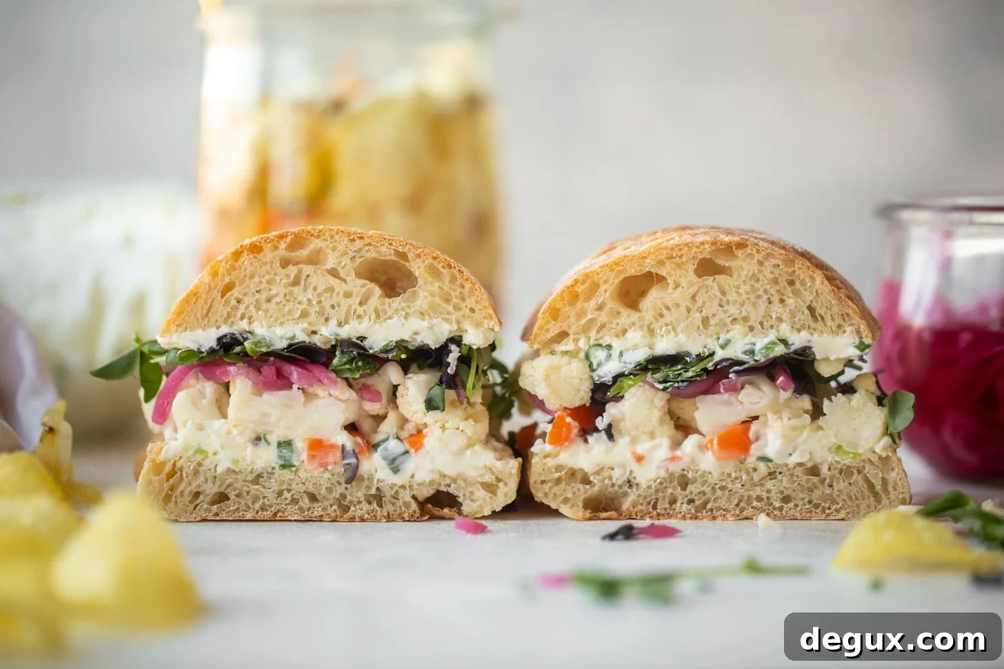 pickled veggie sandwich with scallion cream cheese