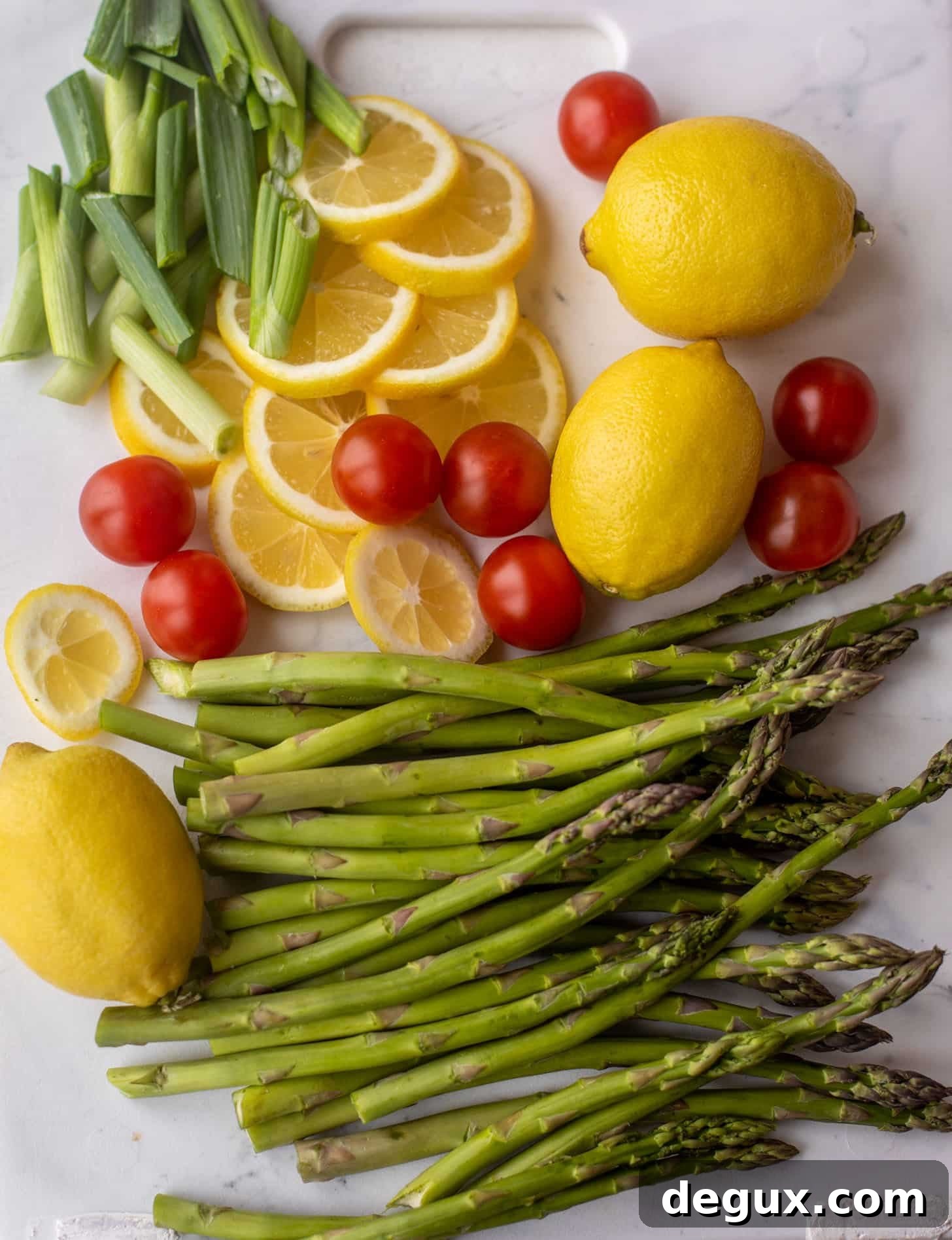 asparagus, lemon, tomatoes