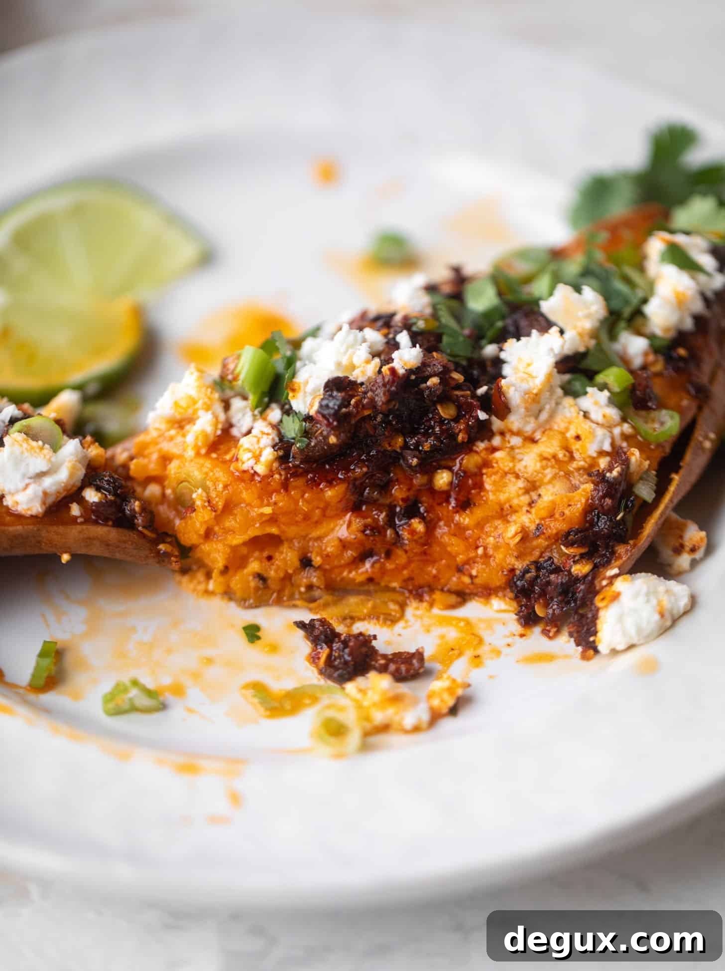 chili crisp sweet potatoes with feta