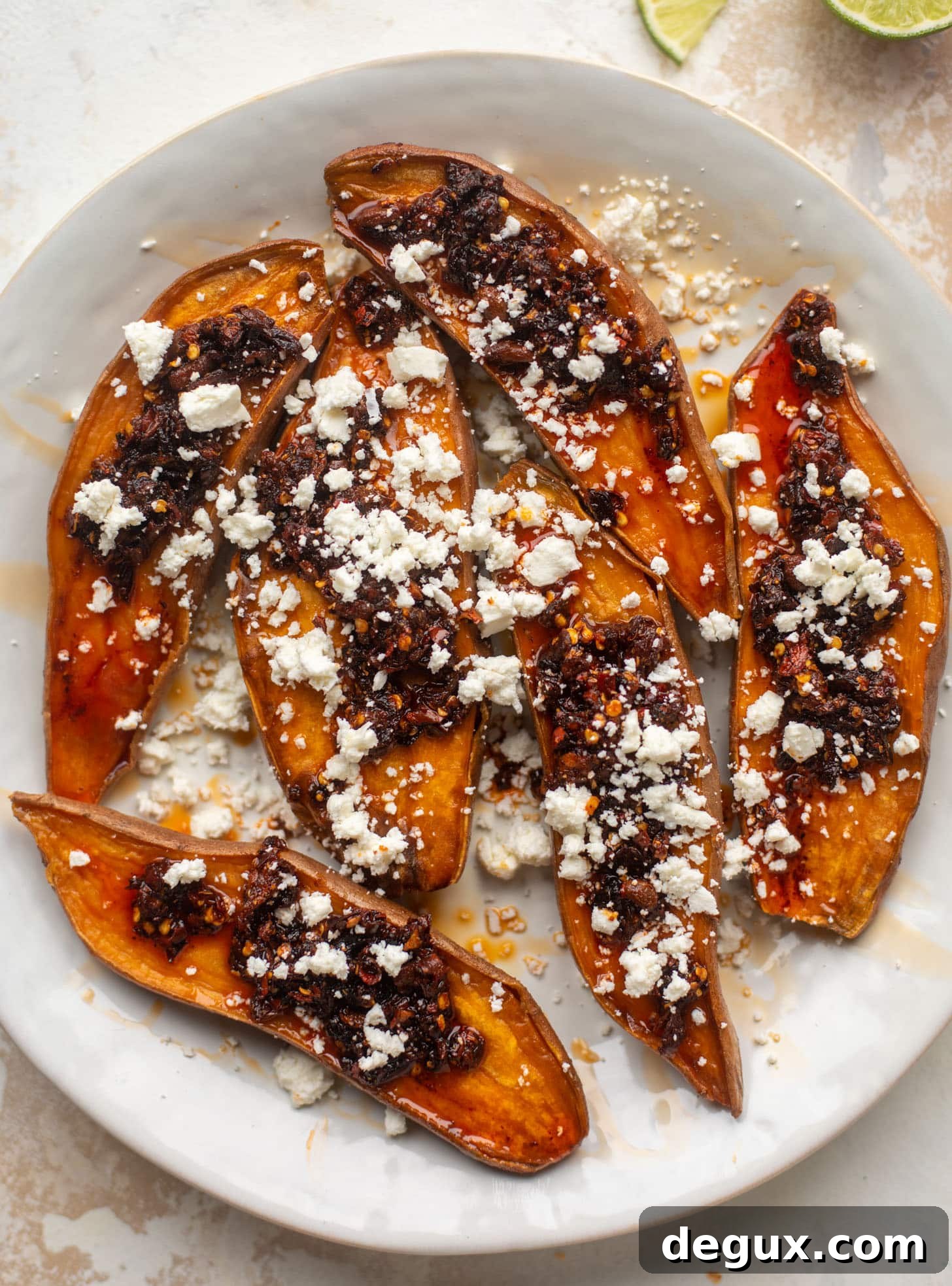 chili crisp sweet potatoes with feta
