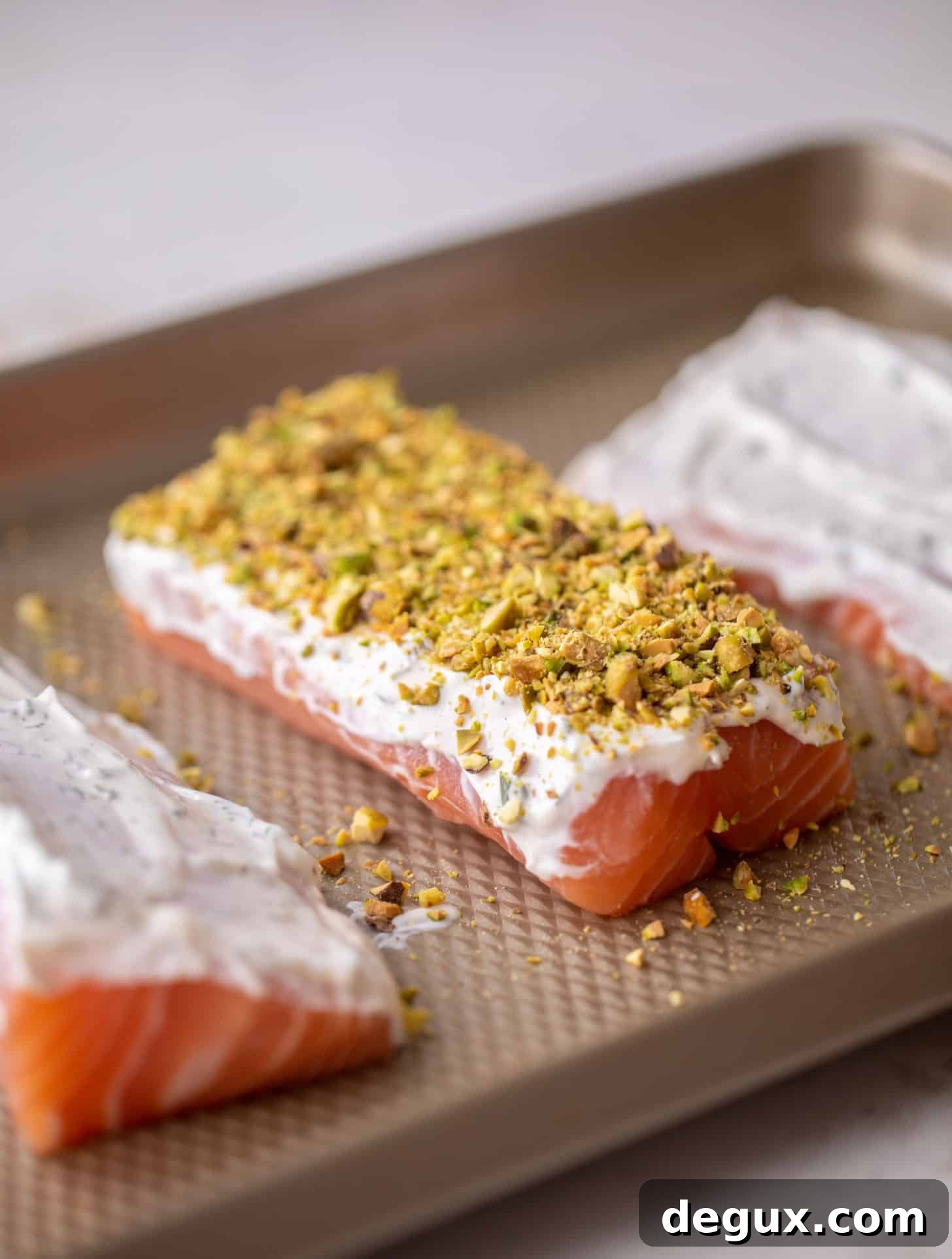 Pistachio-Crusted Salmon with Shaved Asparagus Salad 5 salmon with herb yogurt and pistachios