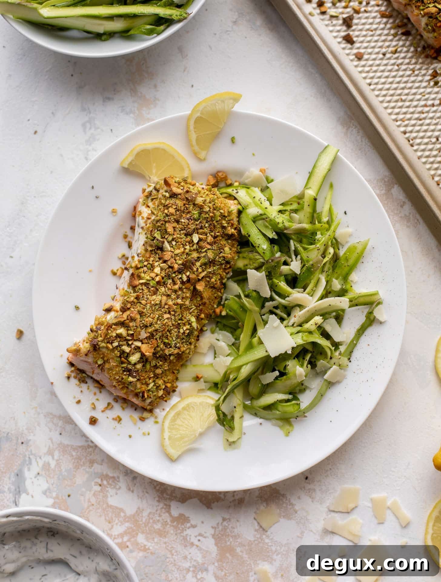 Pistachio-Crusted Salmon with Shaved Asparagus Salad 9 pistachio crusted salmon with shaved asparagus salad
