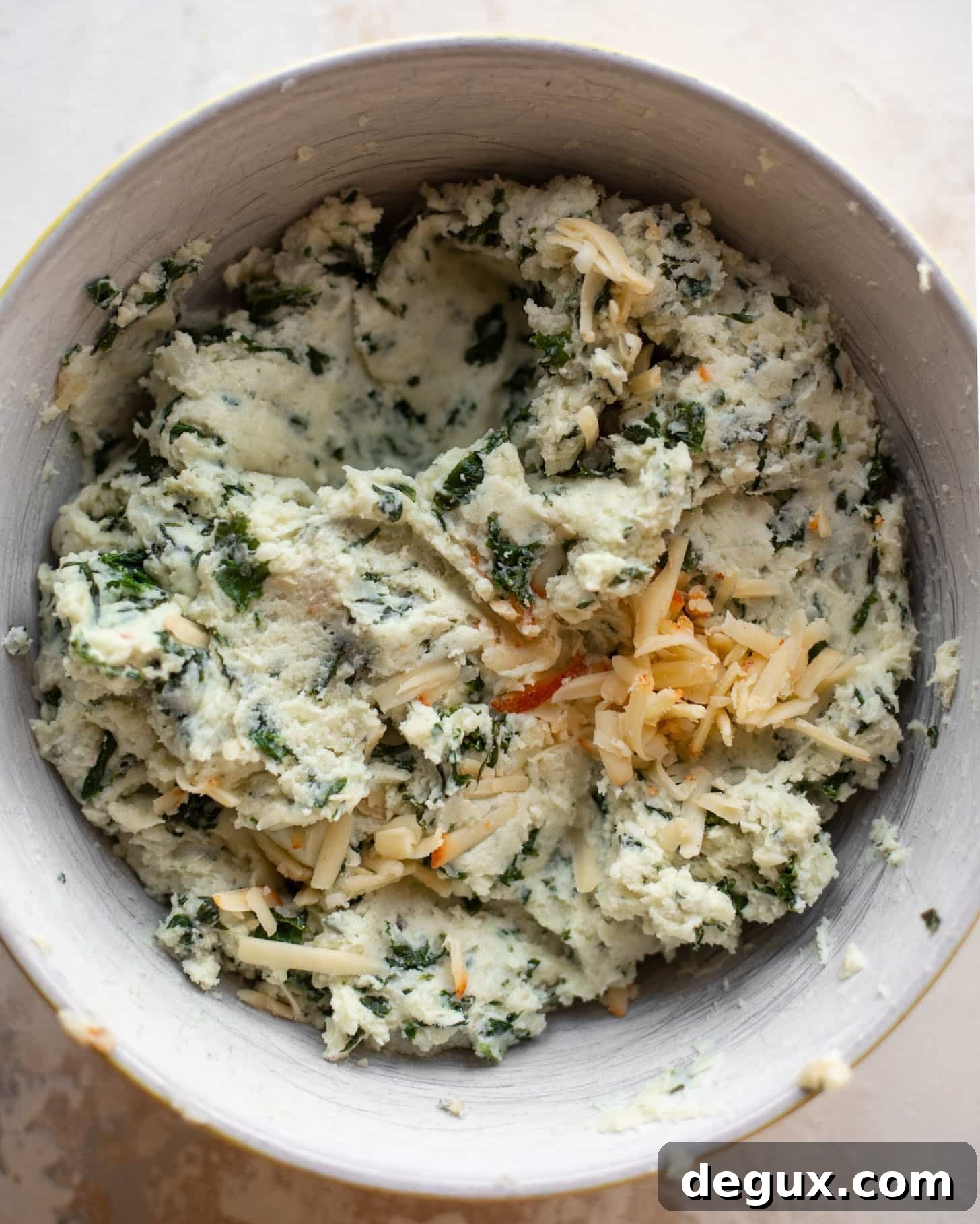 kale and smoked cheddar twice baked potato mixture