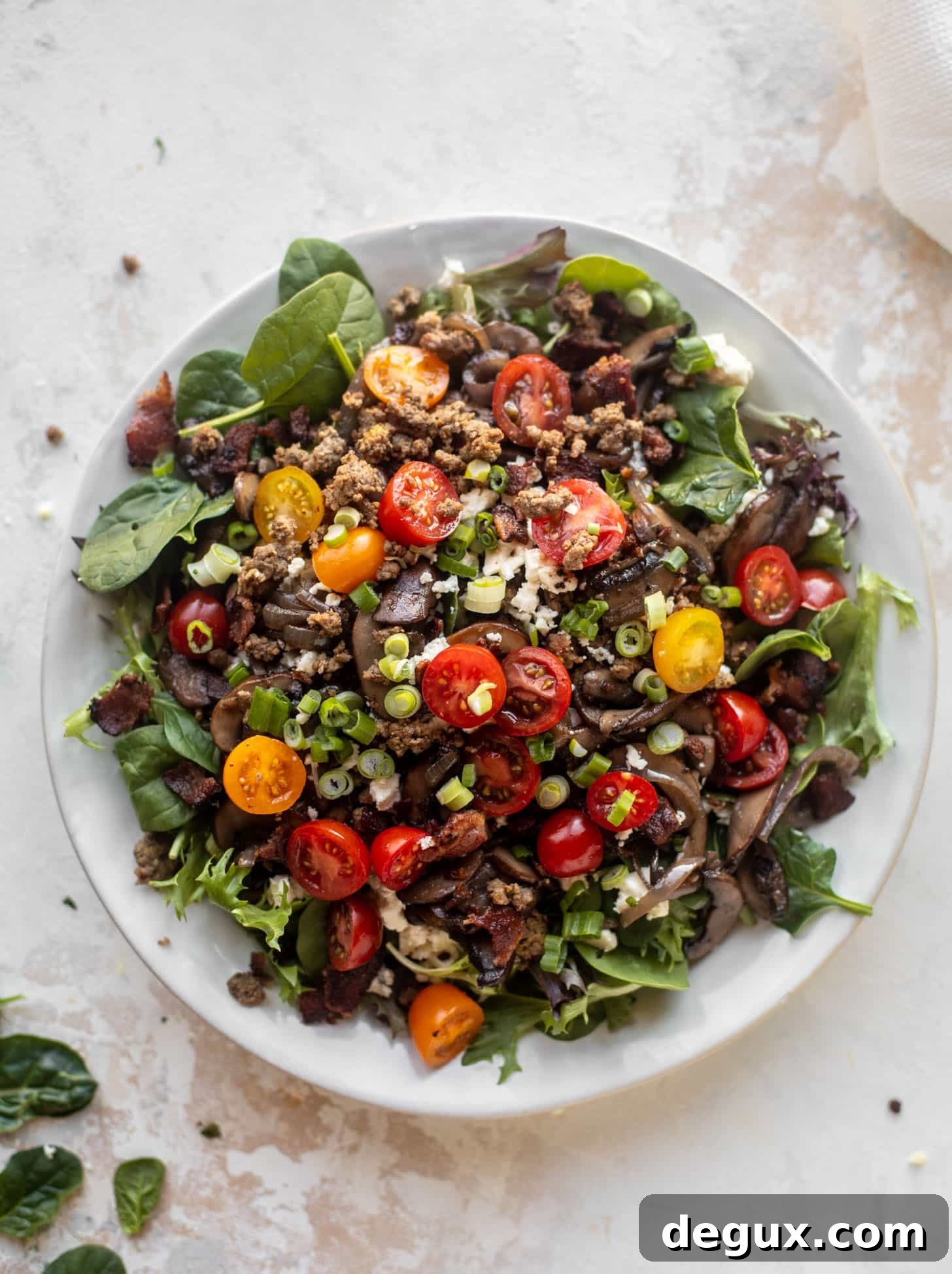mushroom bacon burger salads with warm dijon vinaigrette