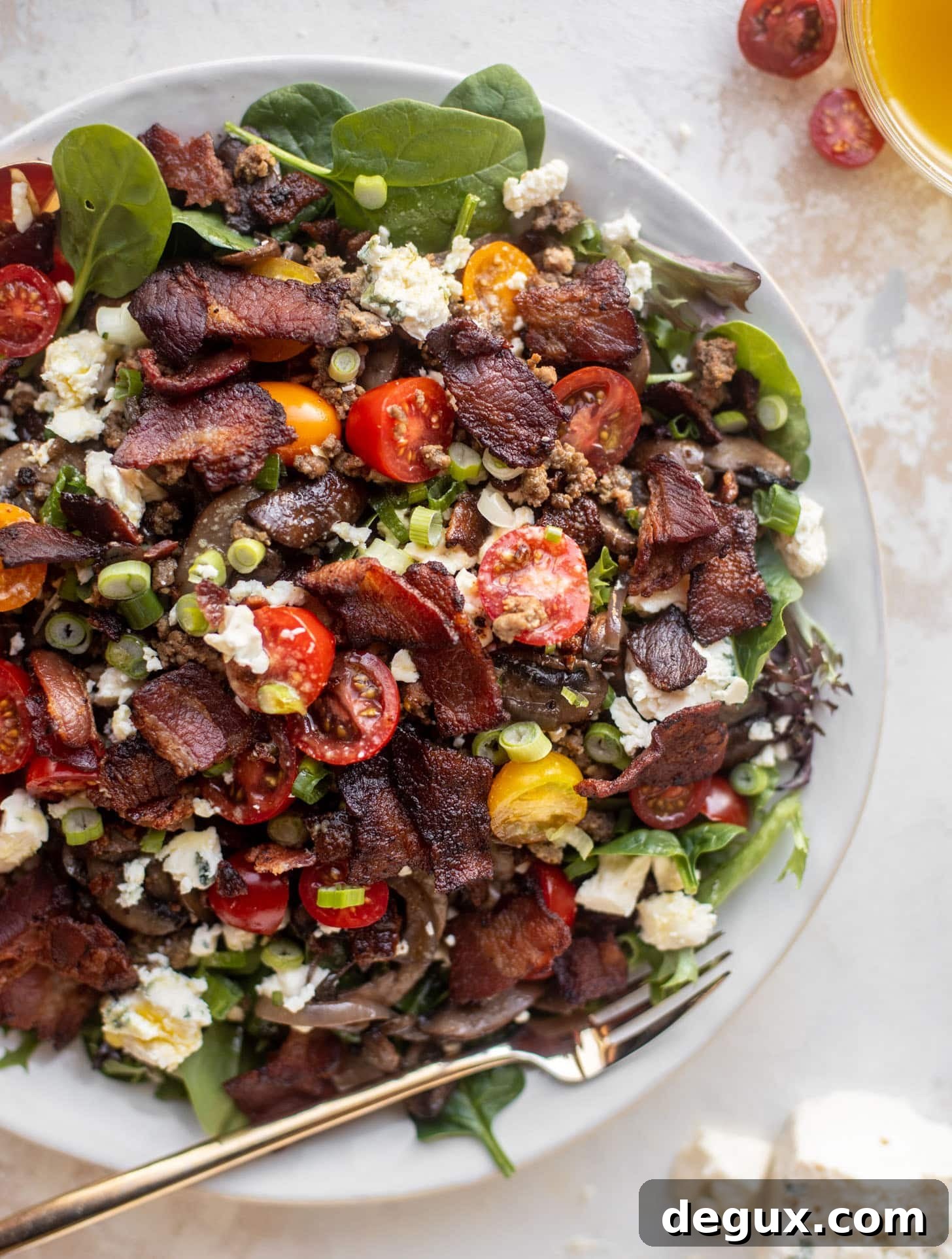 mushroom bacon burger salads with warm dijon vinaigrette
