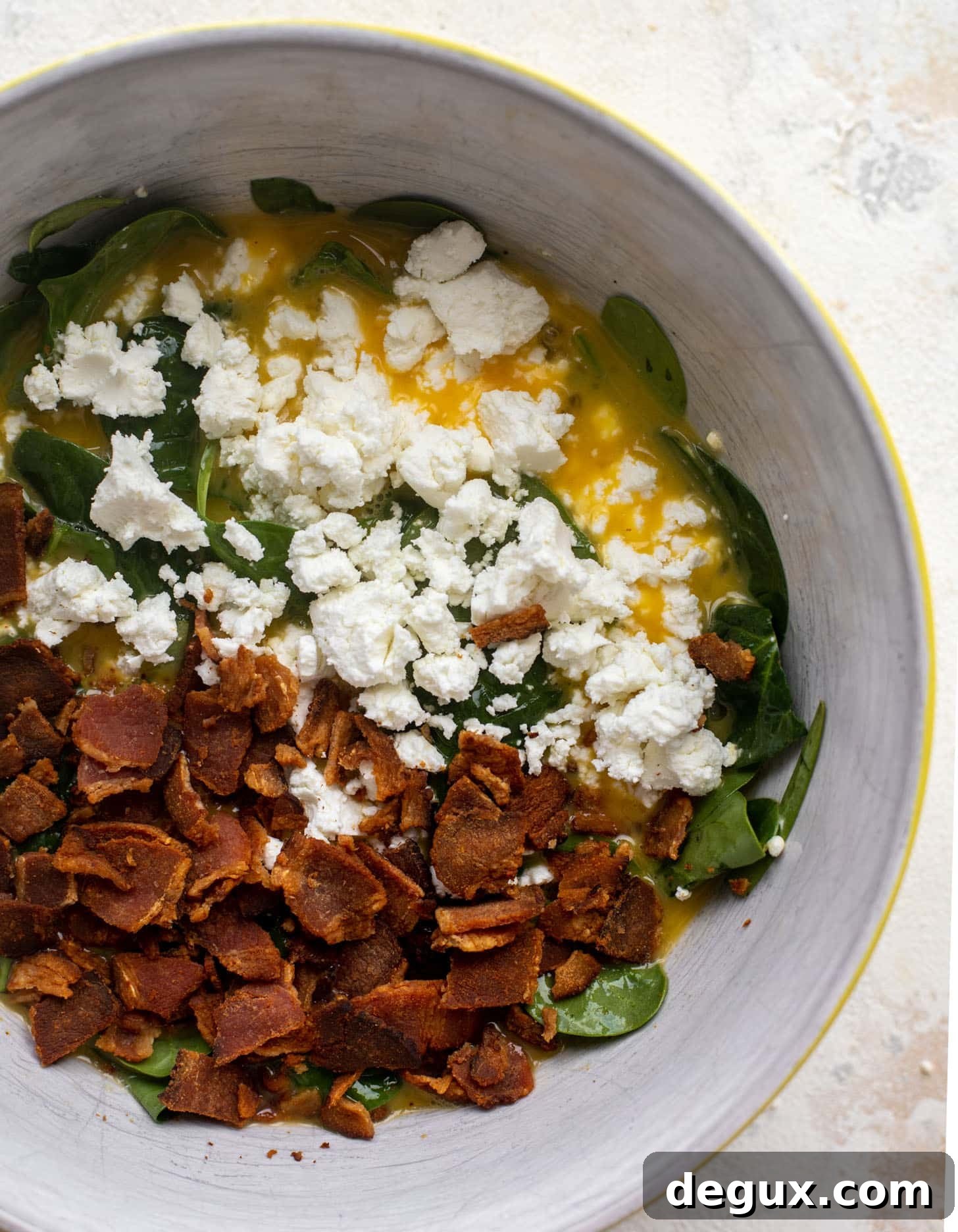 Crispy Orzo Frittata with Bacon & Goat Cheese Recipe 4 eggs, spinach, goat cheese and bacon