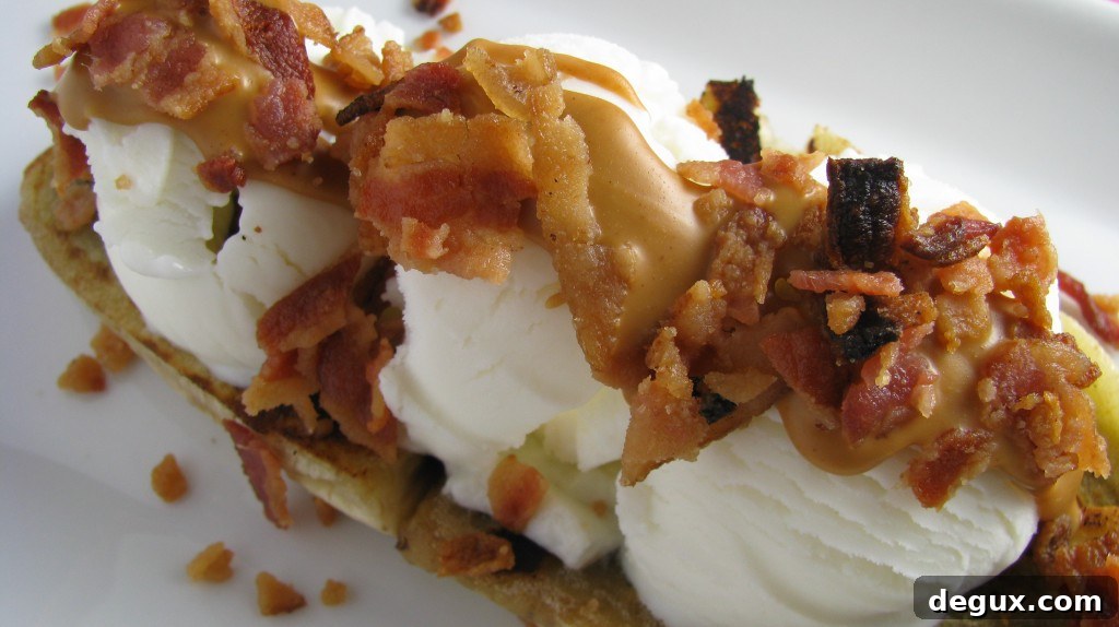 Banana split close-up Caramelized bananas and toppings