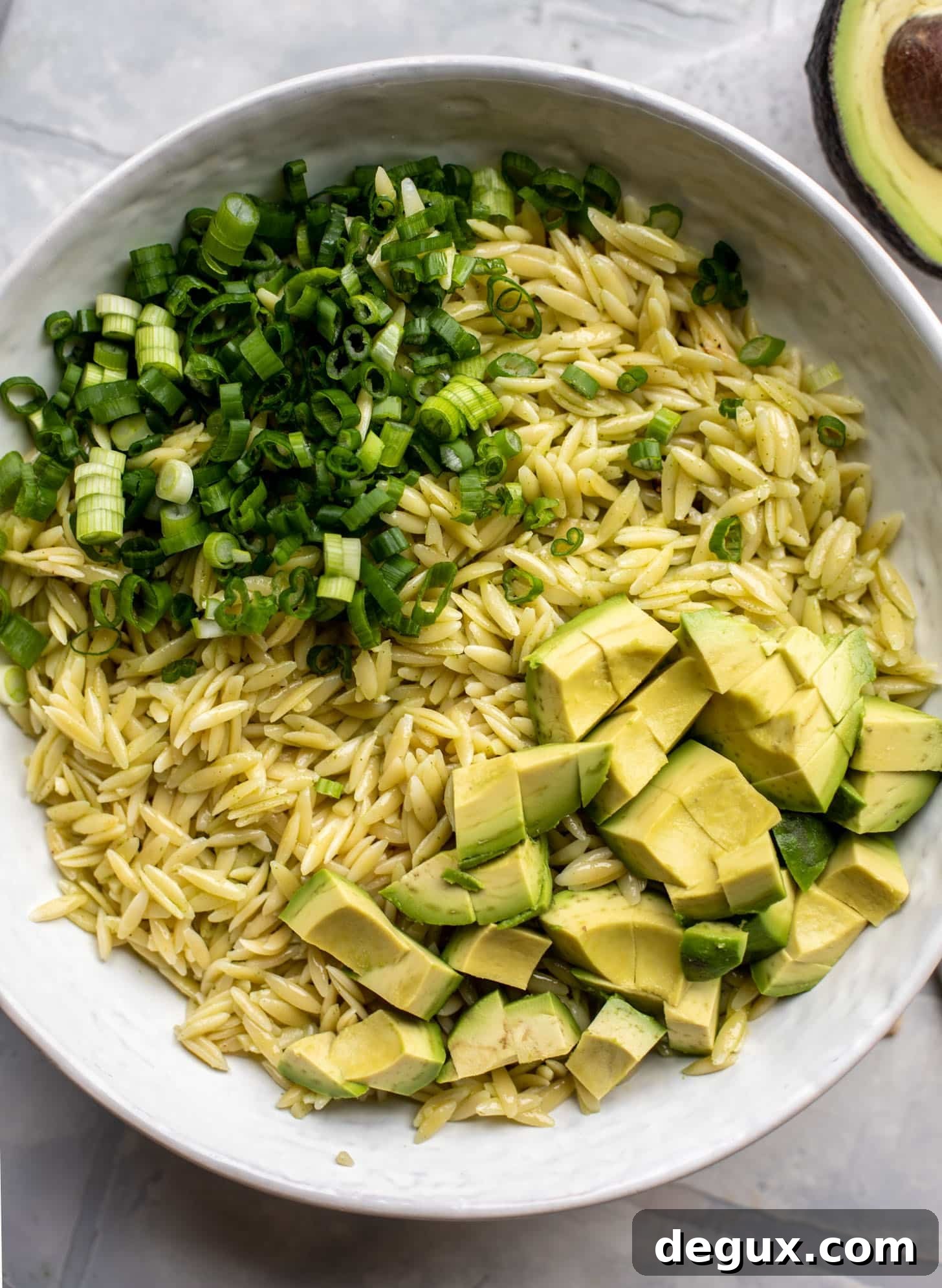 Grilled Chicken and Avocado Orzo Salad for Summer Meals 7 orzo with avocado and scallions