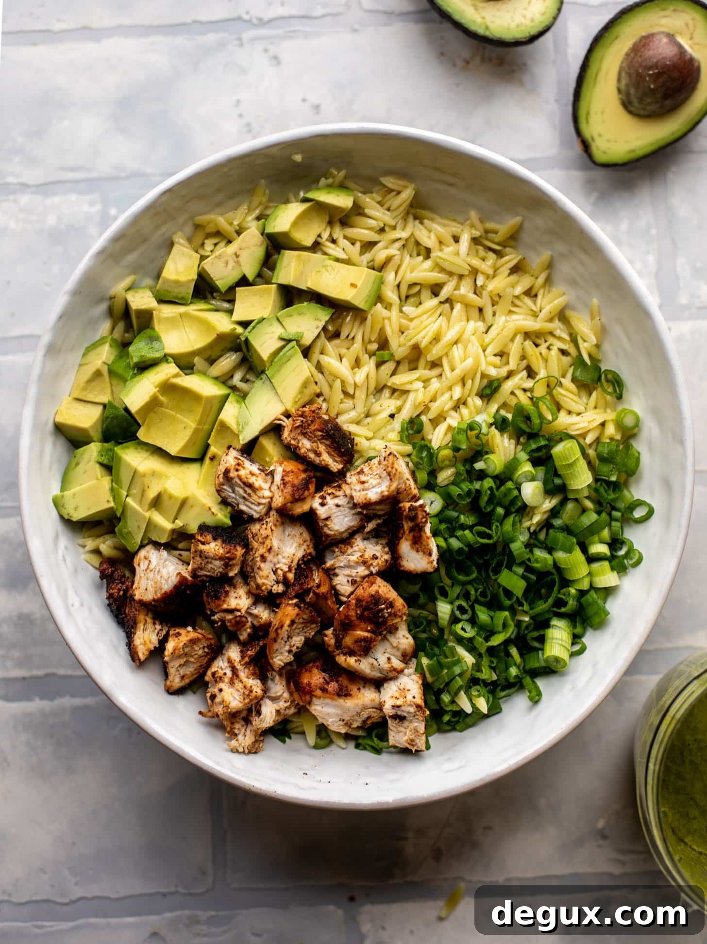 Grilled Chicken and Avocado Orzo Salad for Summer Meals 6 orzo with grilled chicken, avocado and scallions