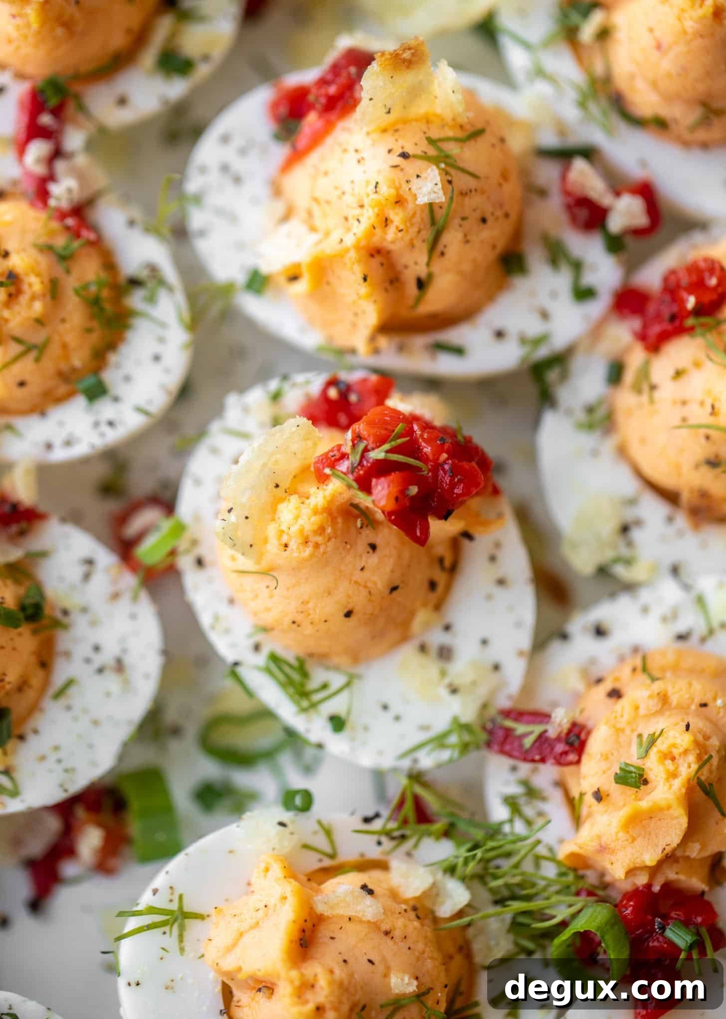 Pimento Cheese Deviled Eggs Topped with Crushed Potato Chips 12 pimento cheese deviled eggs
