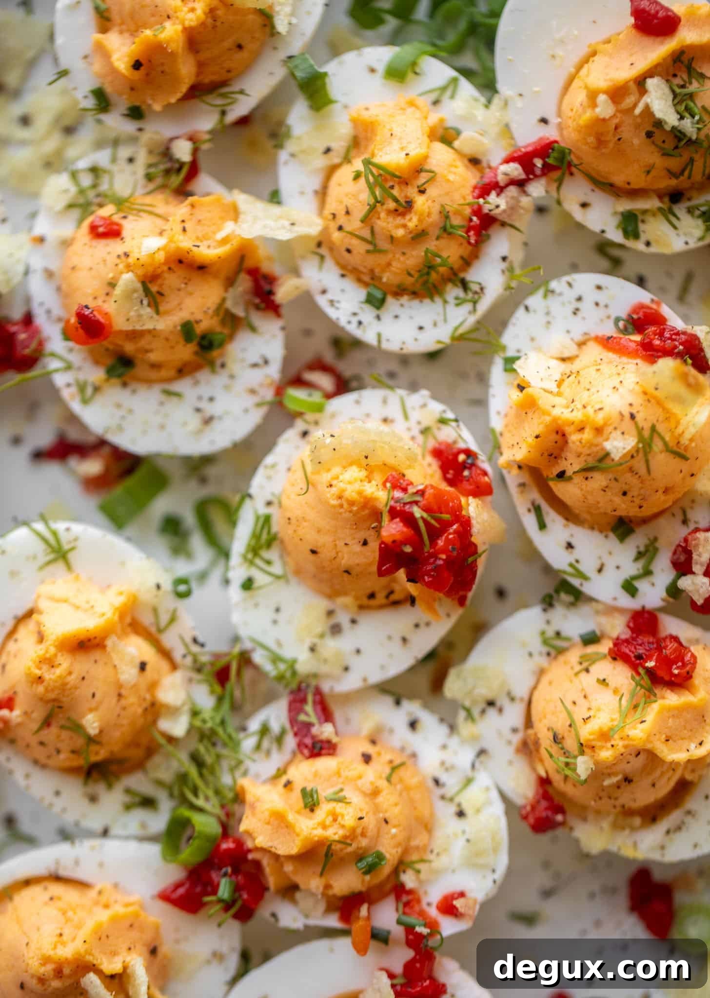 Pimento Cheese Deviled Eggs Topped with Crushed Potato Chips 8 pimento cheese deviled eggs