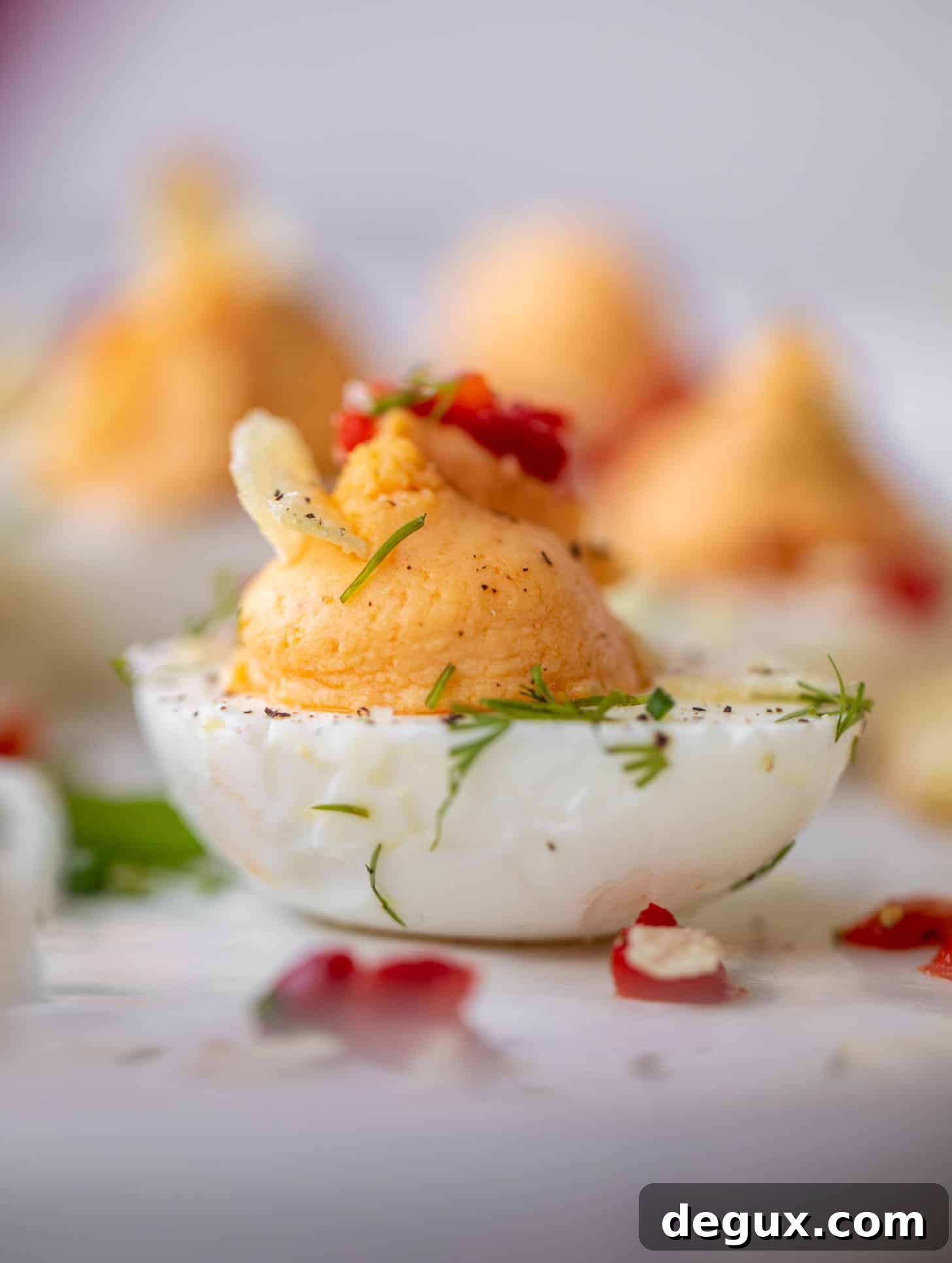 Pimento Cheese Deviled Eggs Topped with Crushed Potato Chips 10 pimento cheese deviled eggs
