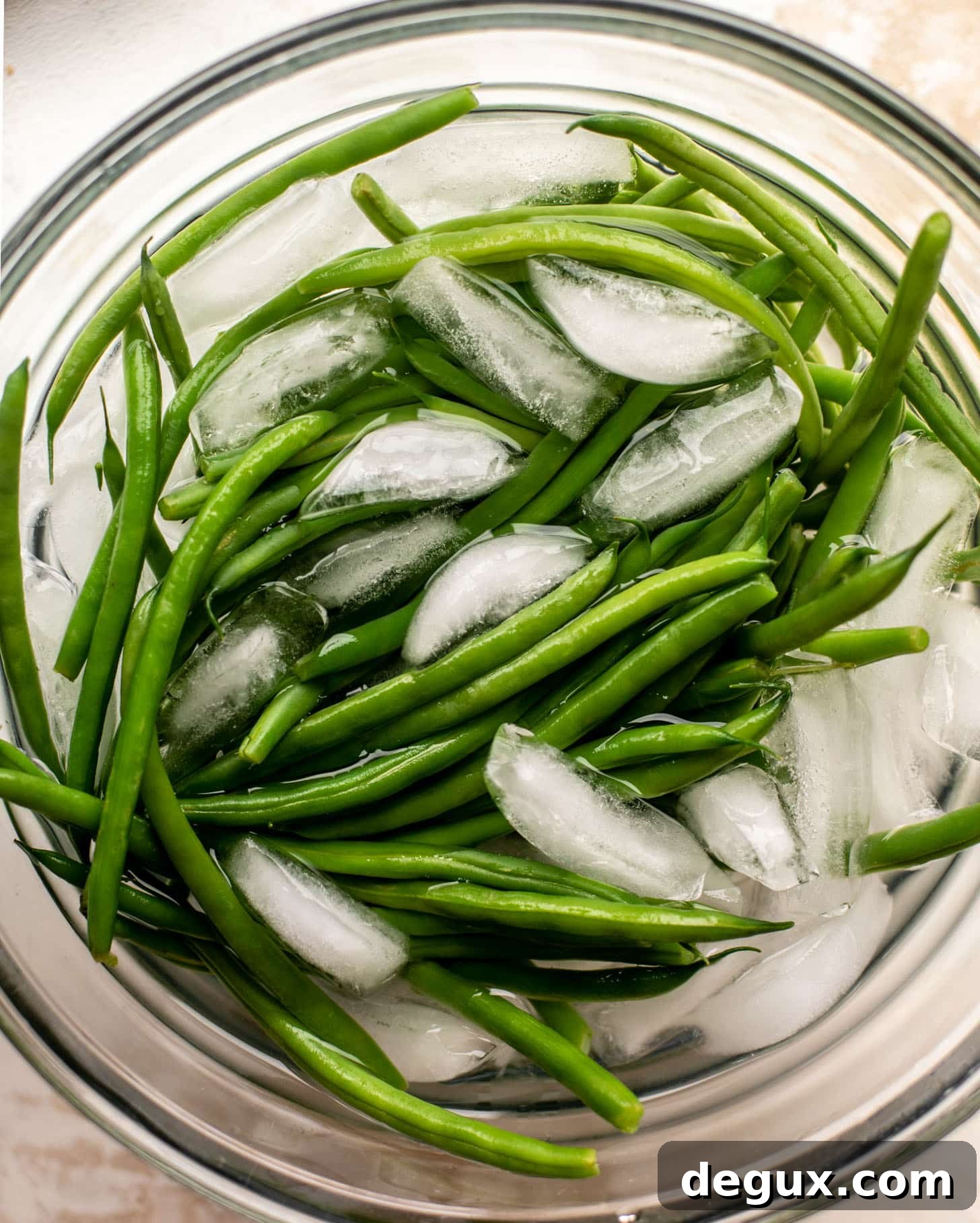 green beans in an ice bath
