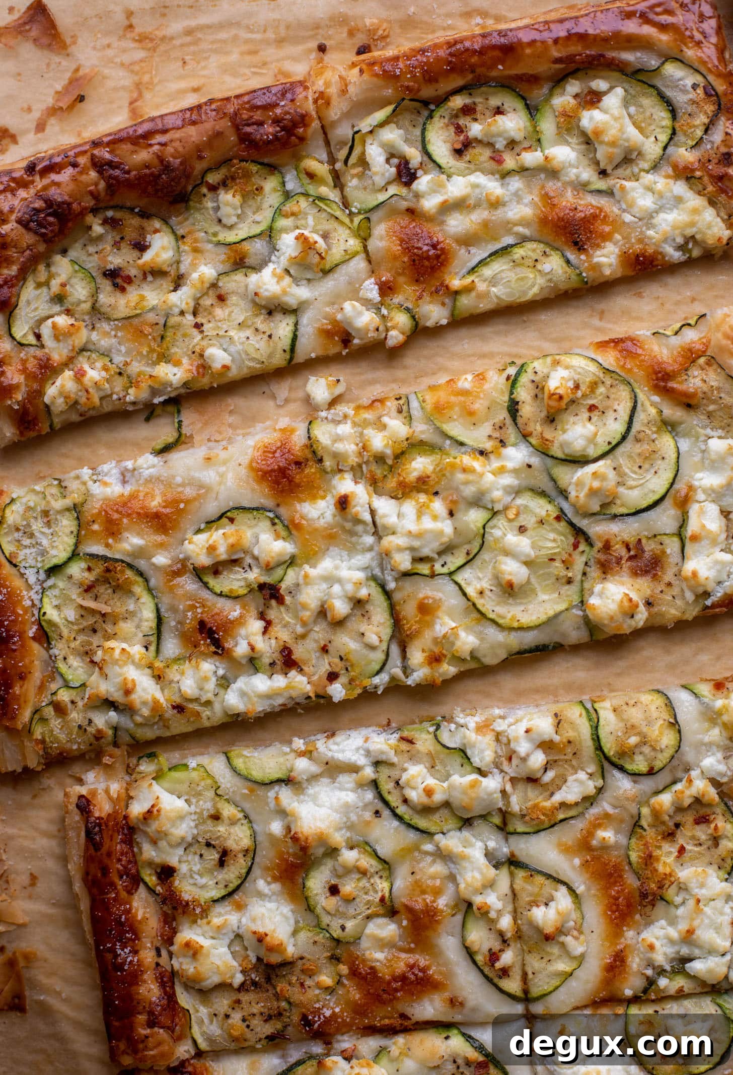zucchini, lemon & goat cheese puff pastry pizza