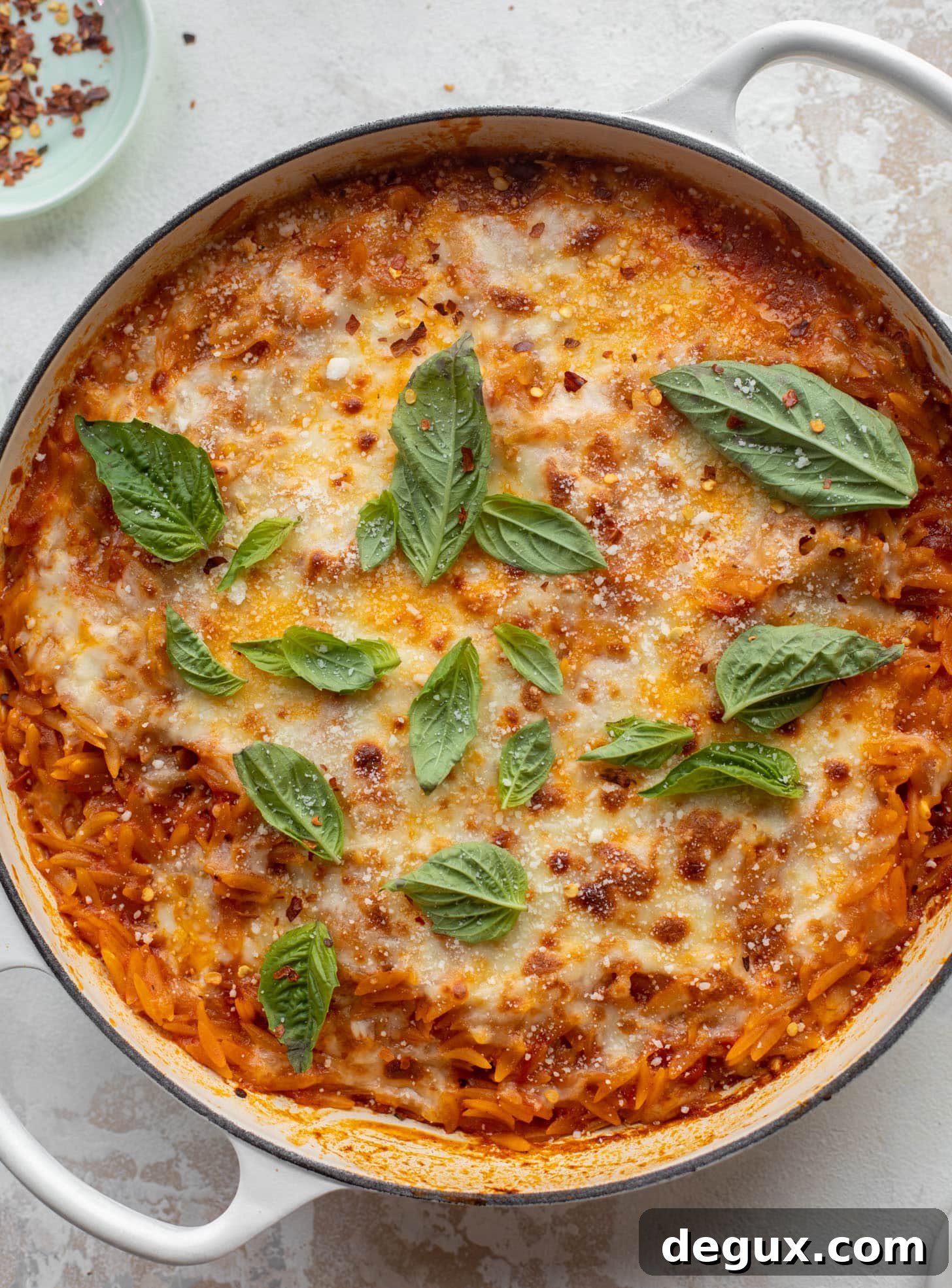 cheesy tomato basil baked orzo