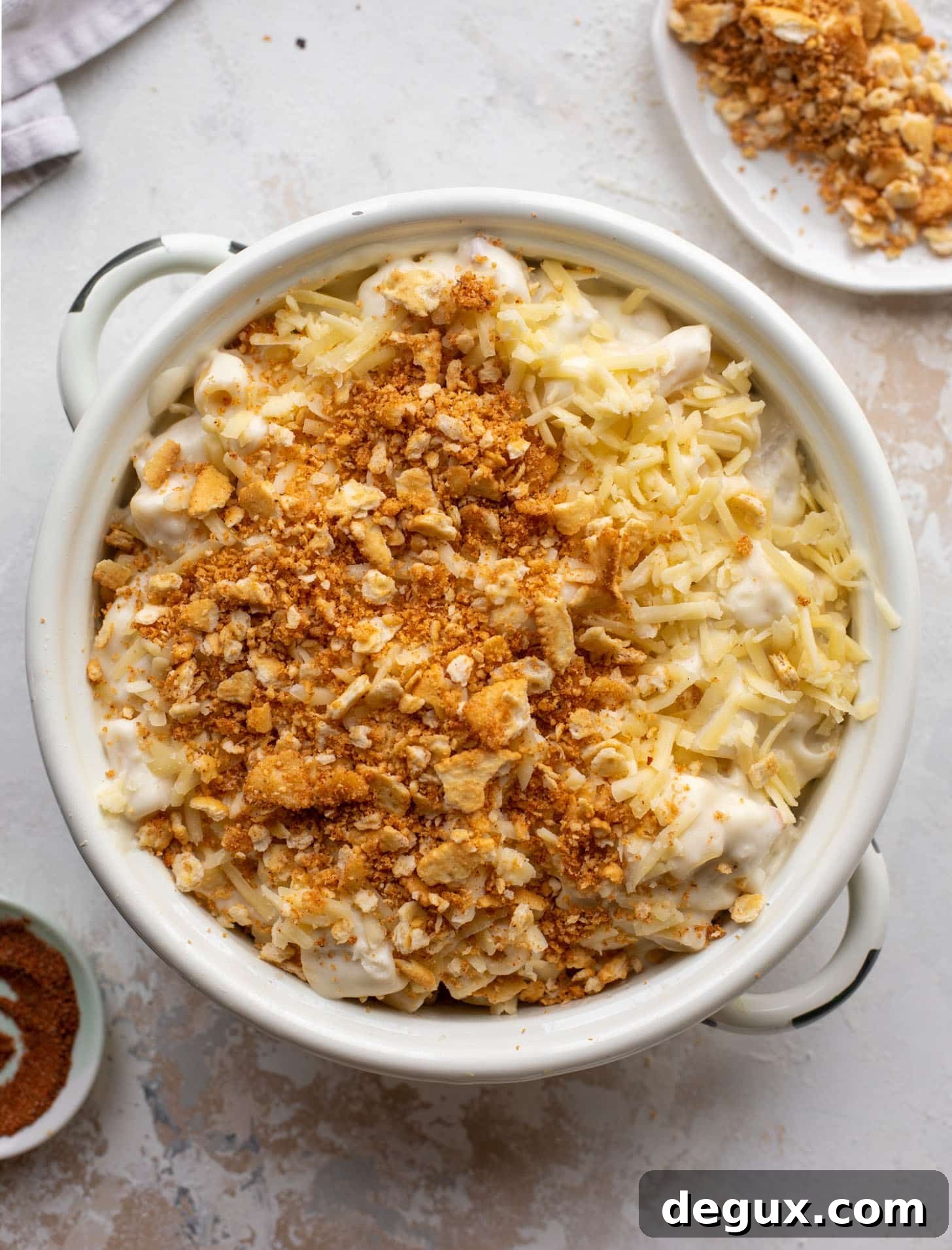 buttery old bay crab mac and cheese ready for the oven
