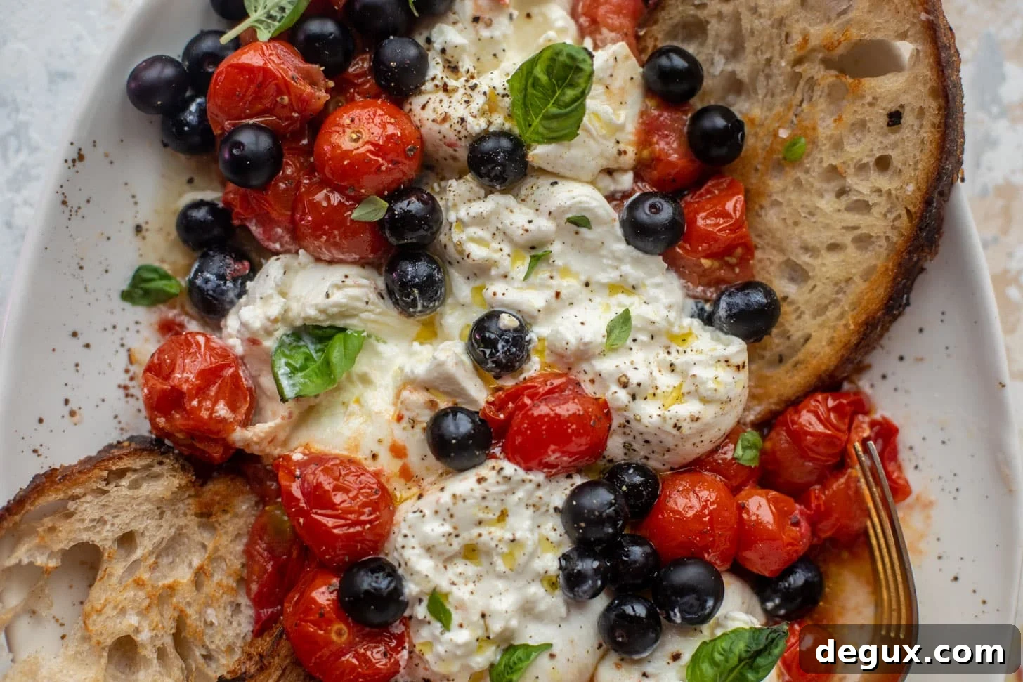 red white and pickled blueberry burrata platter