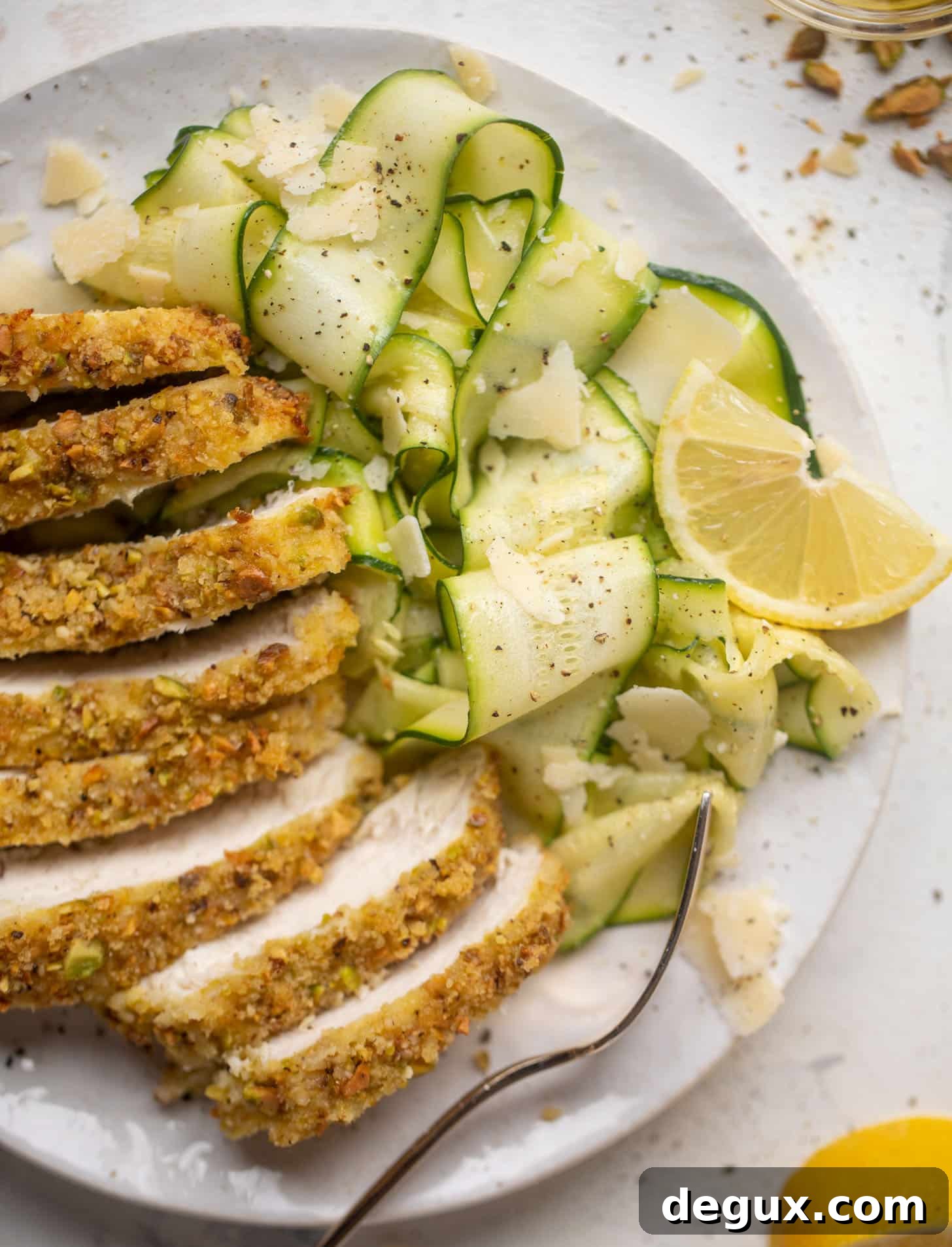 Crispy Pistachio-Crusted Chicken with Zucchini Ribbon Salad 8 pistachio crusted chicken with zucchini ribbon salad
