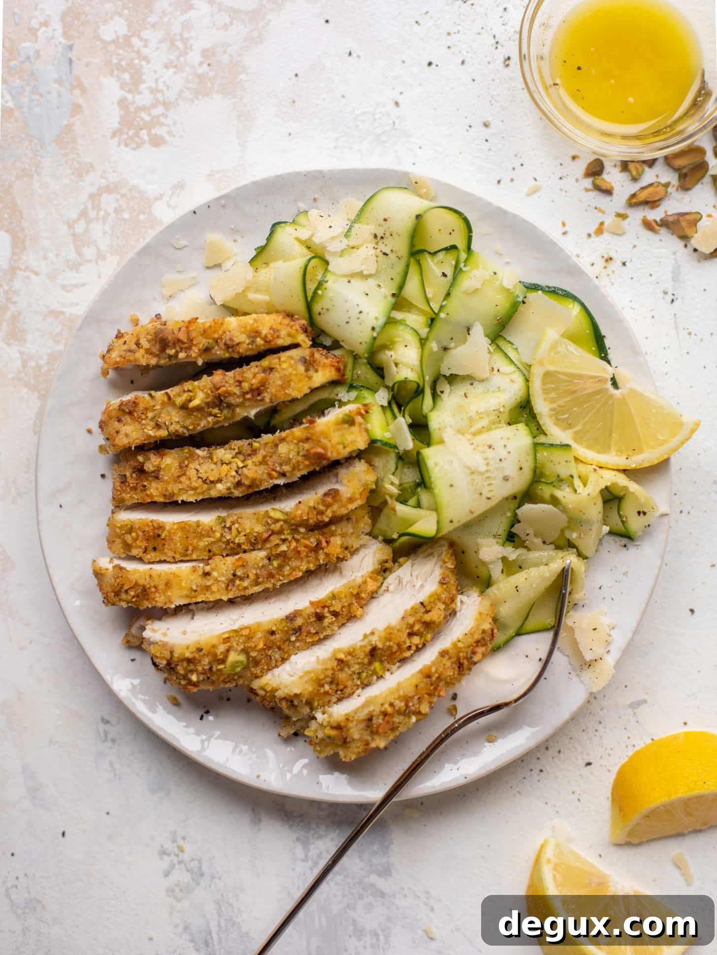 Crispy Pistachio-Crusted Chicken with Zucchini Ribbon Salad 9 pistachio crusted chicken with zucchini ribbon salad