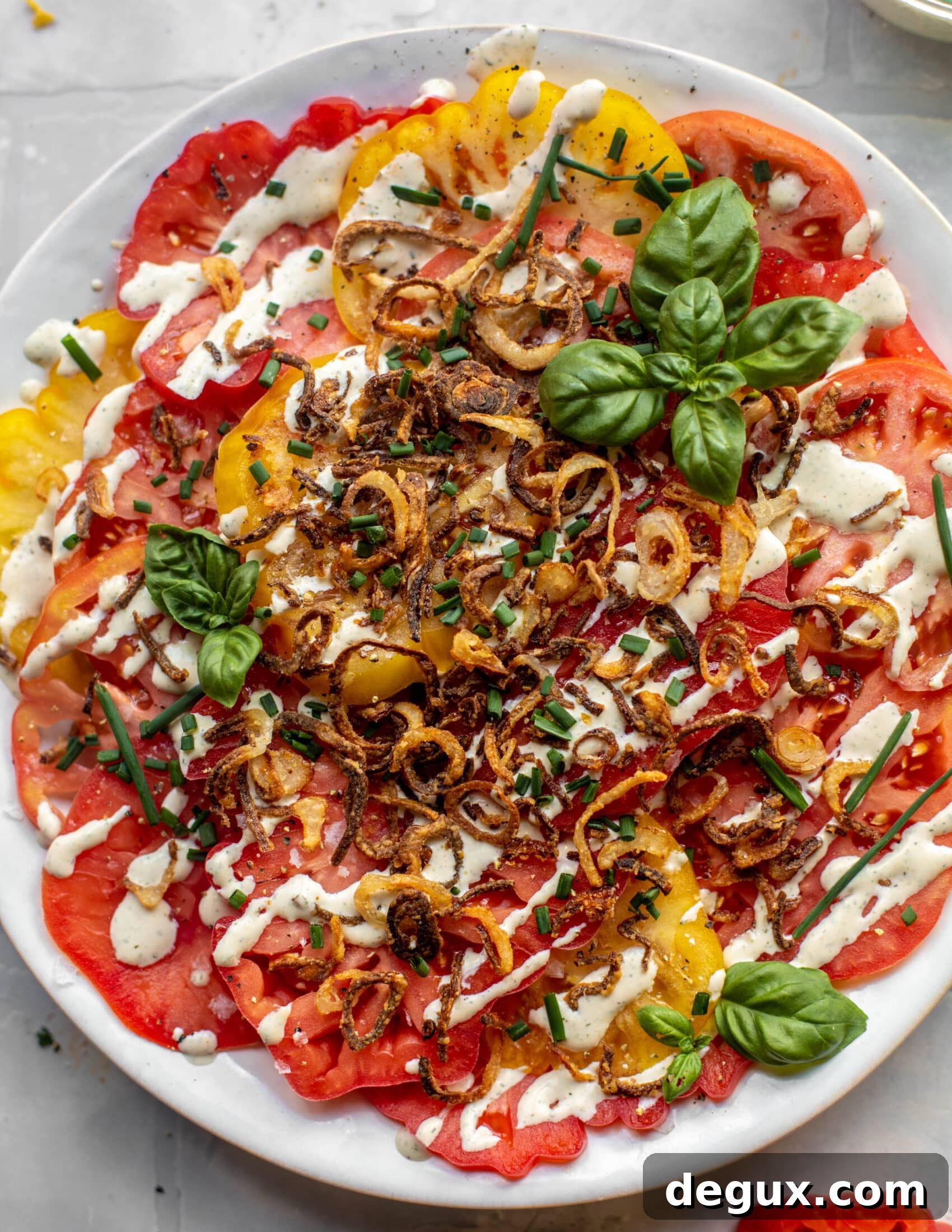 heirloom tomato salad with buttermilk ranch and crispy shallots
