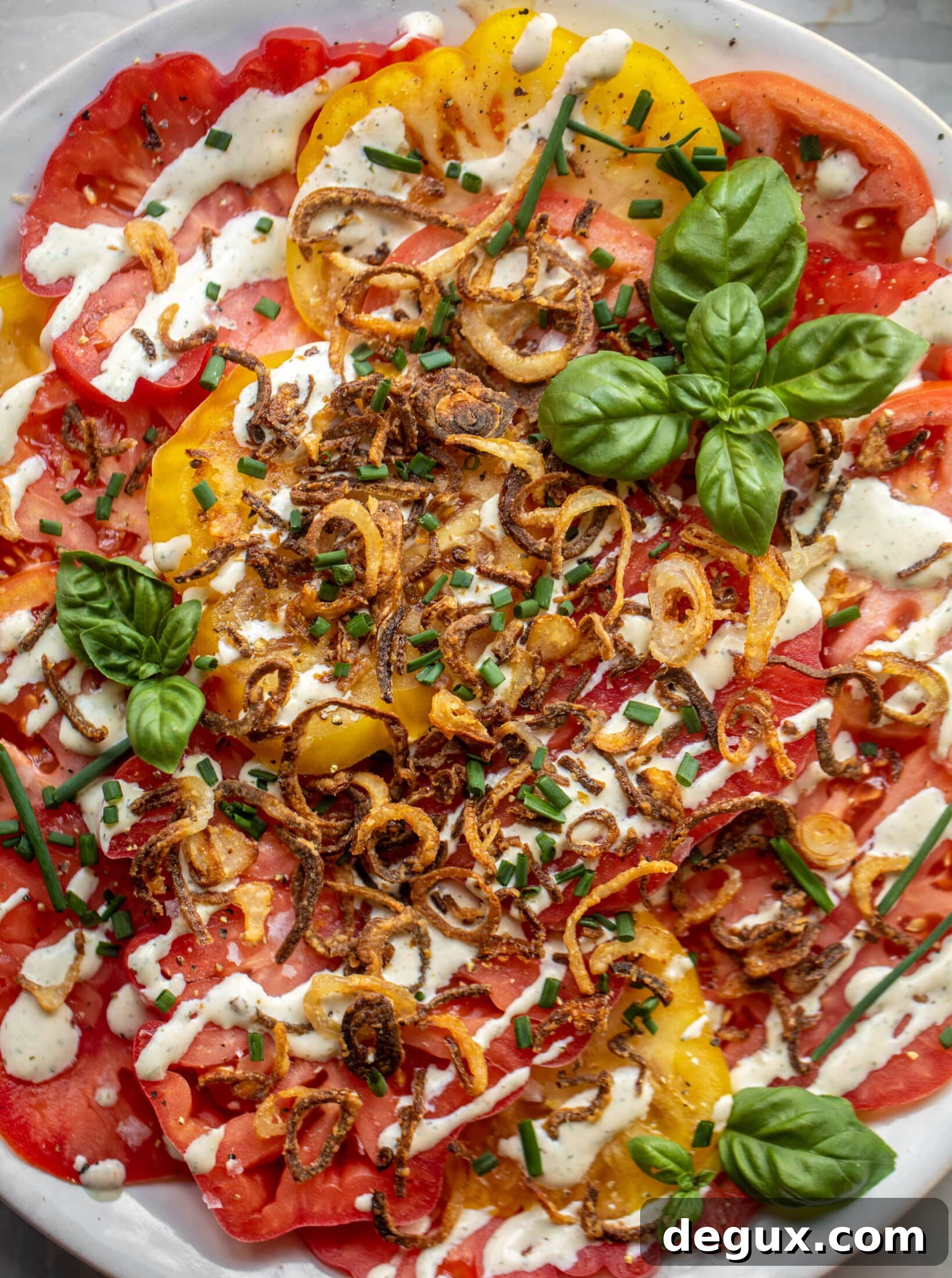 heirloom tomato salad with buttermilk ranch and crispy shallots