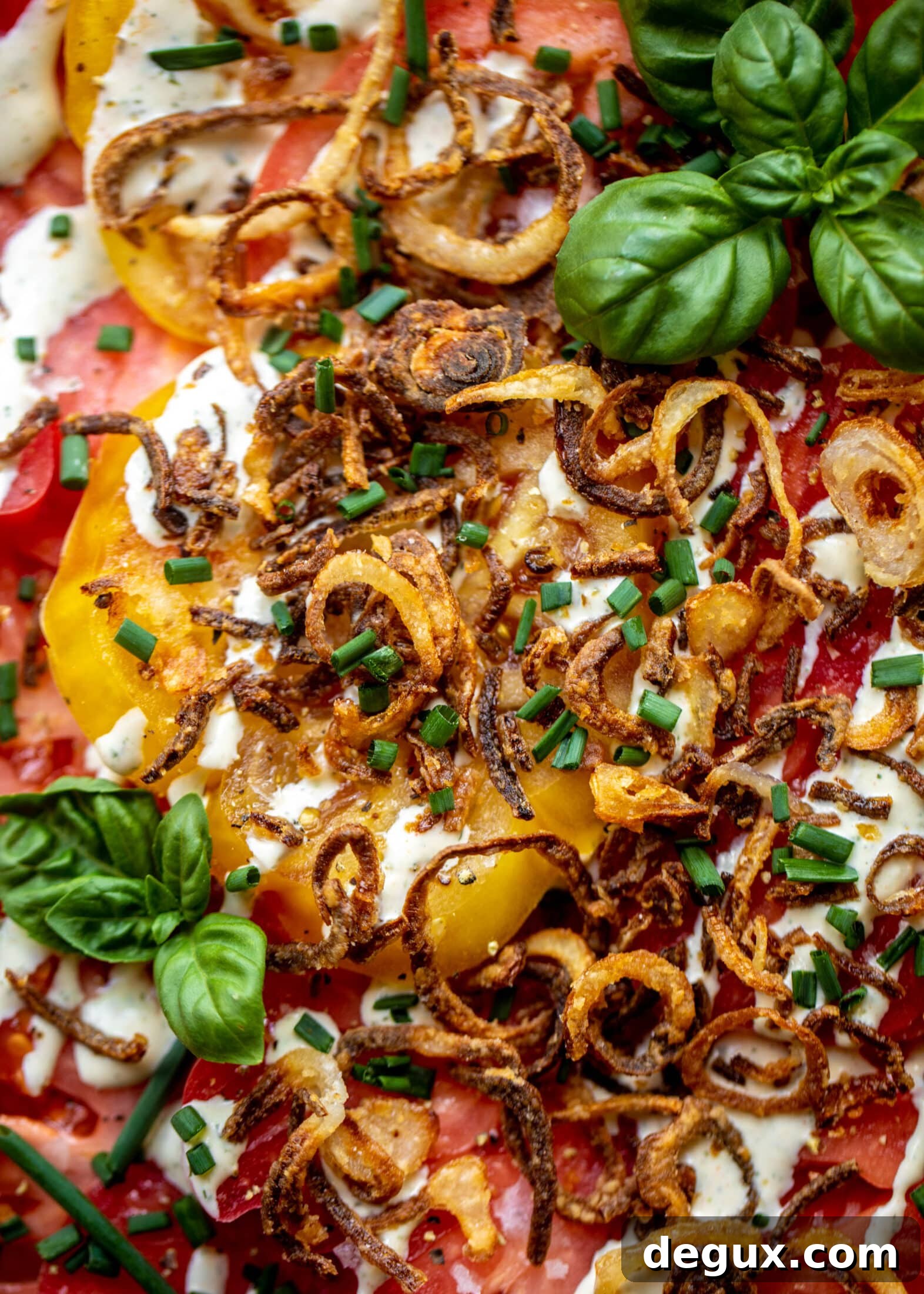 heirloom tomato salad with buttermilk ranch and crispy shallots