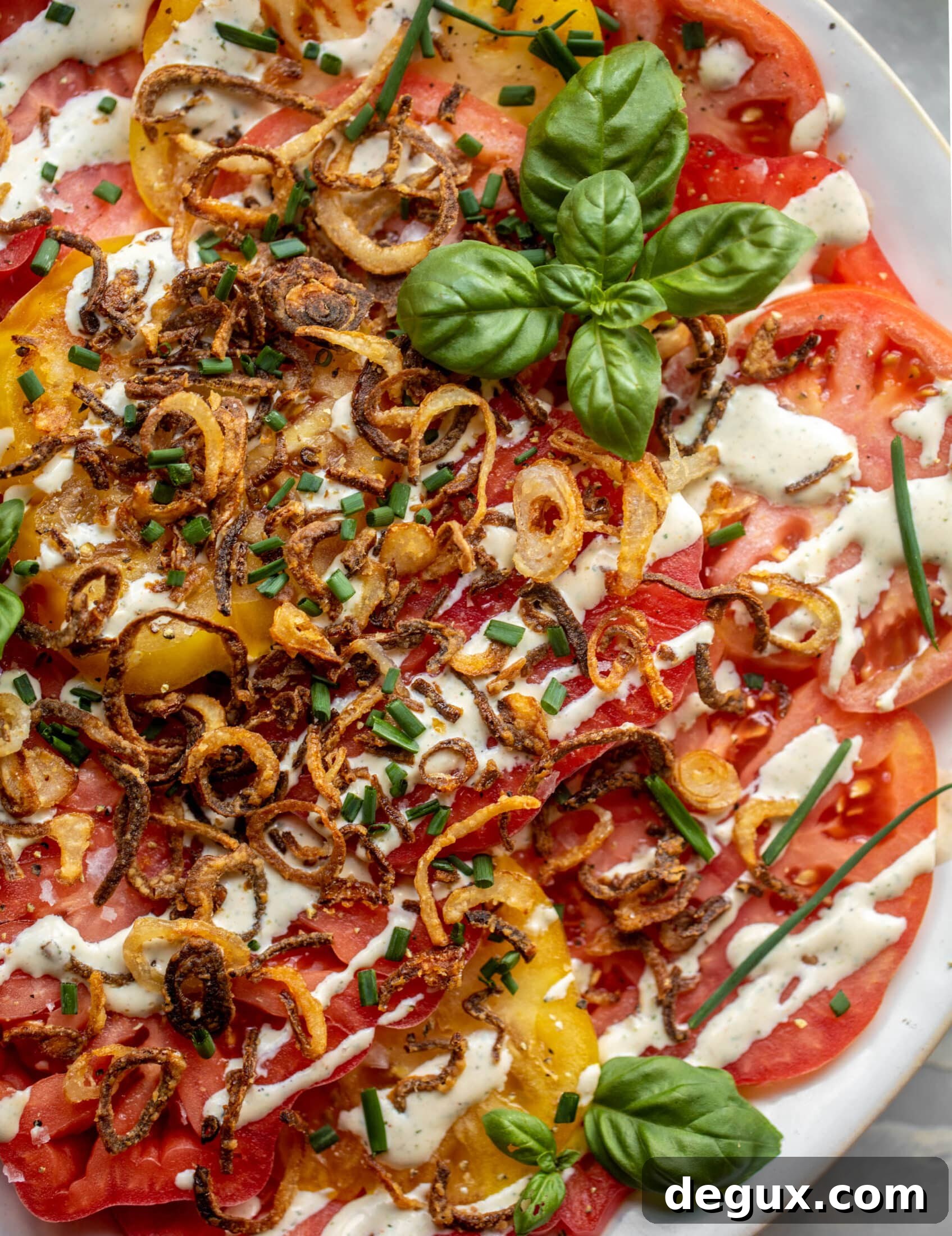 heirloom tomato salad with buttermilk ranch and crispy shallots