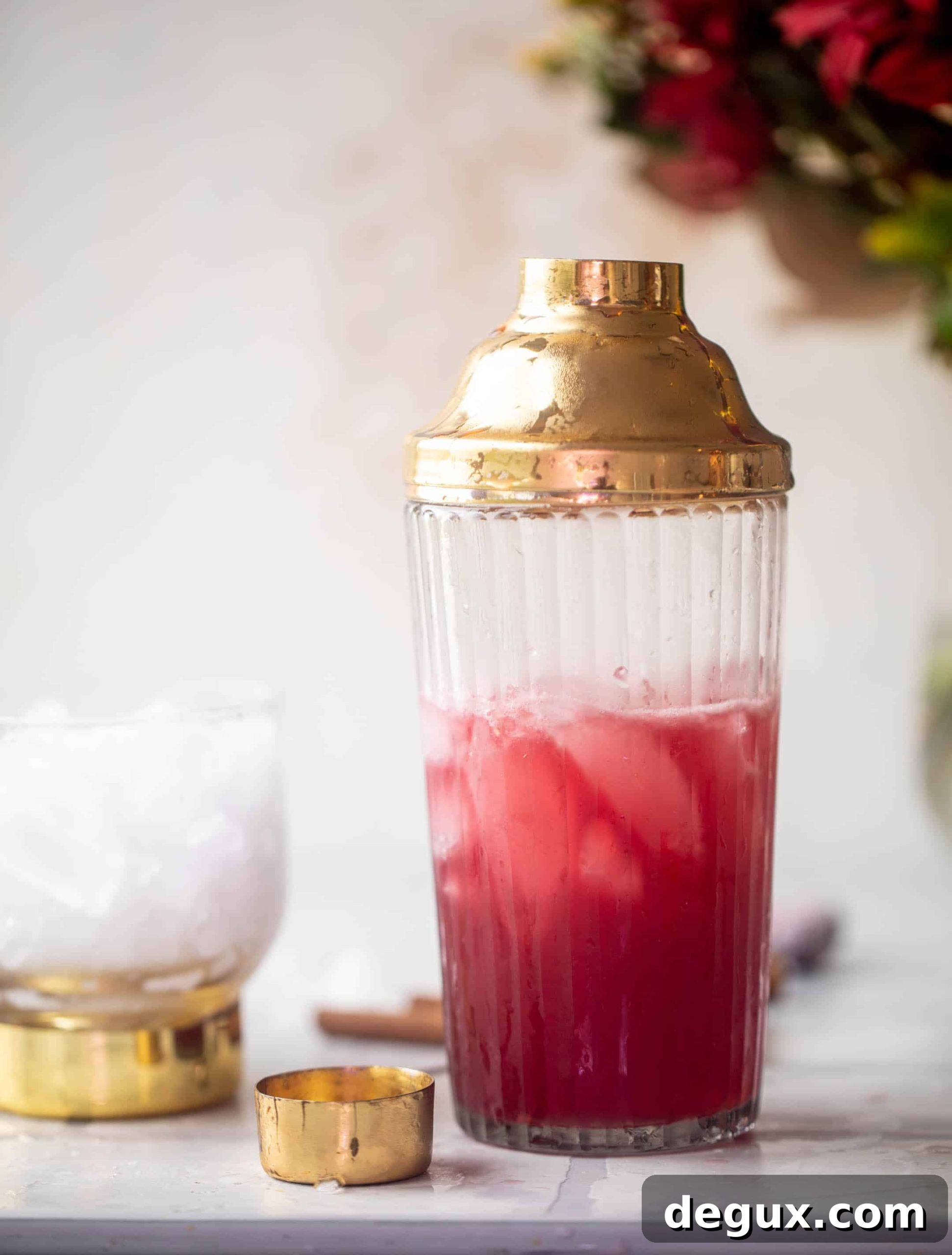 cranberry cinnamon whiskey sour in a shaker cup