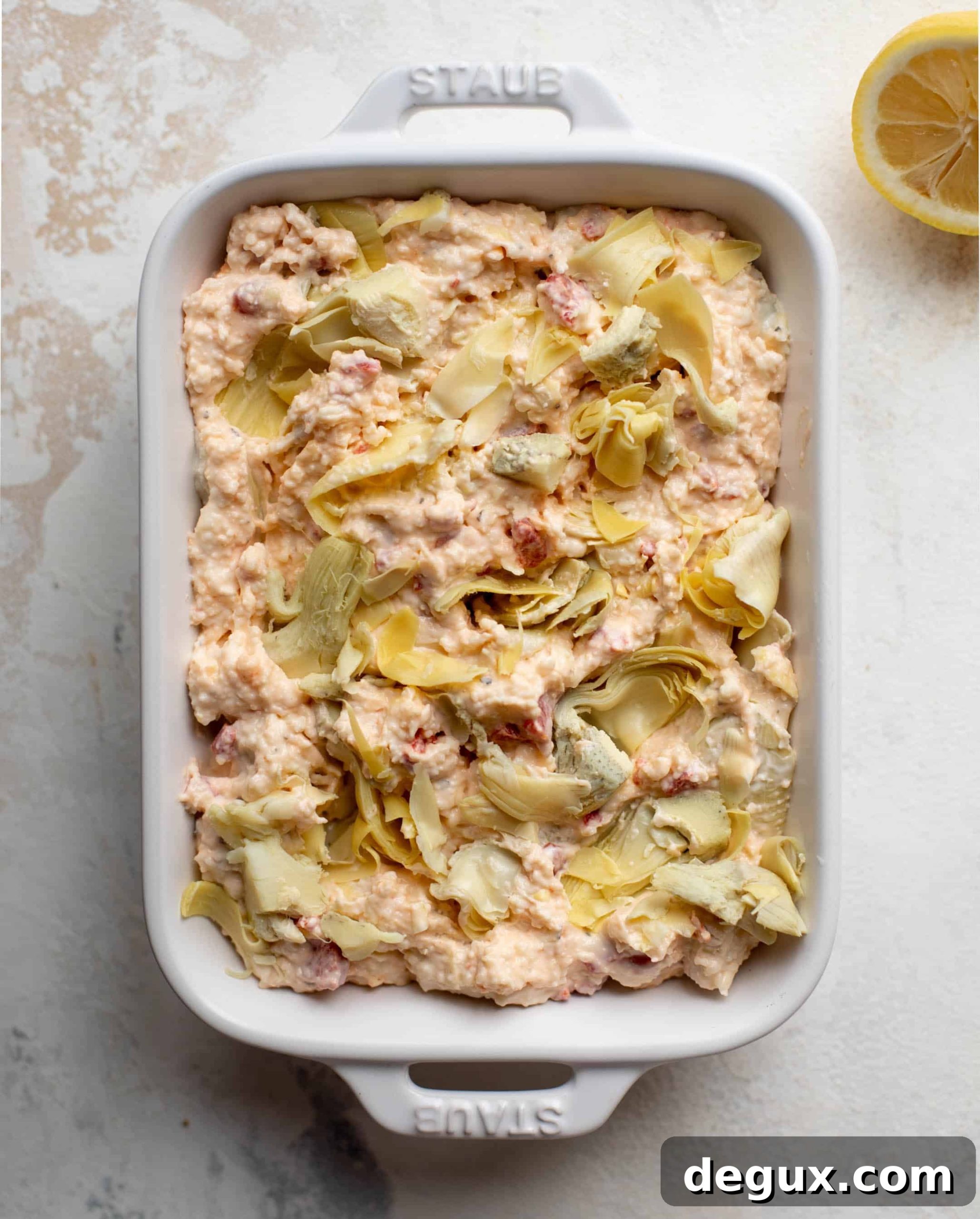 artichoke dip ready for the oven