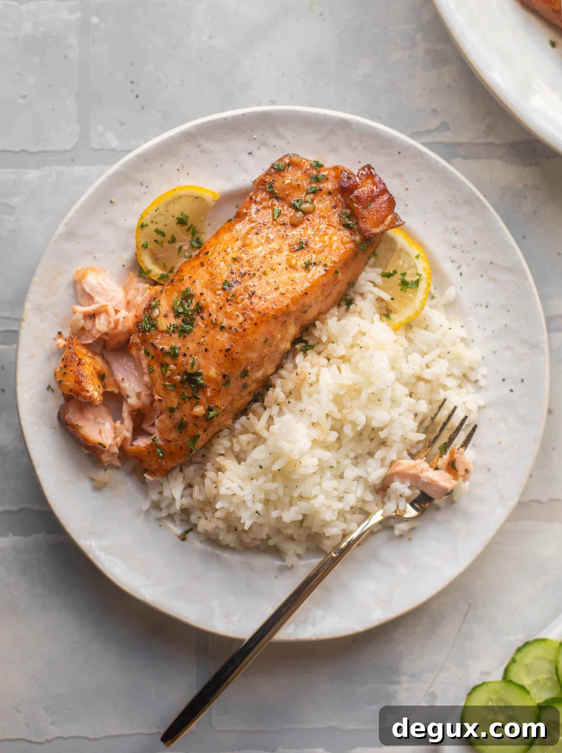 sticky garlic butter salmon and rice
