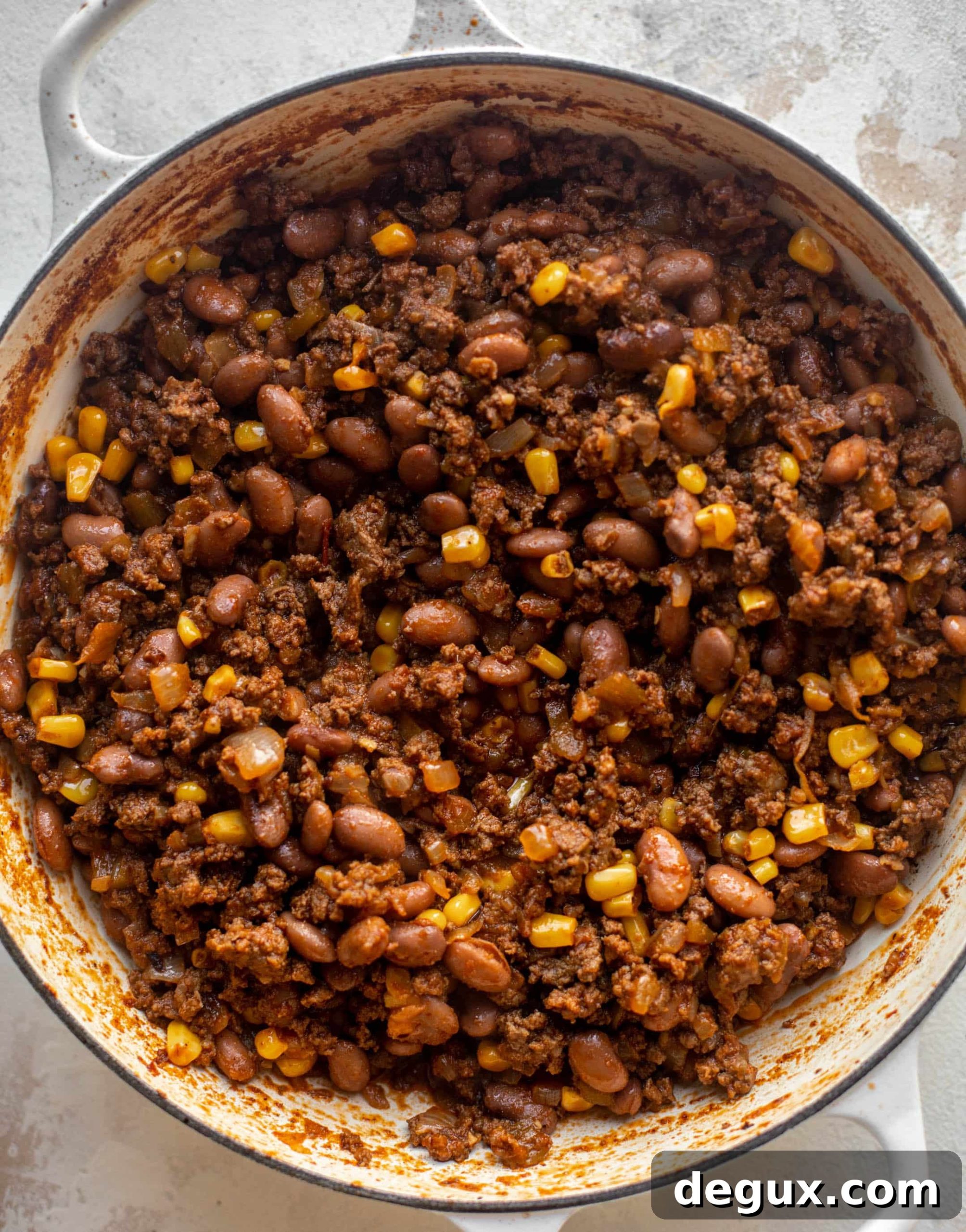 ground beef, beans, chiles and corn
