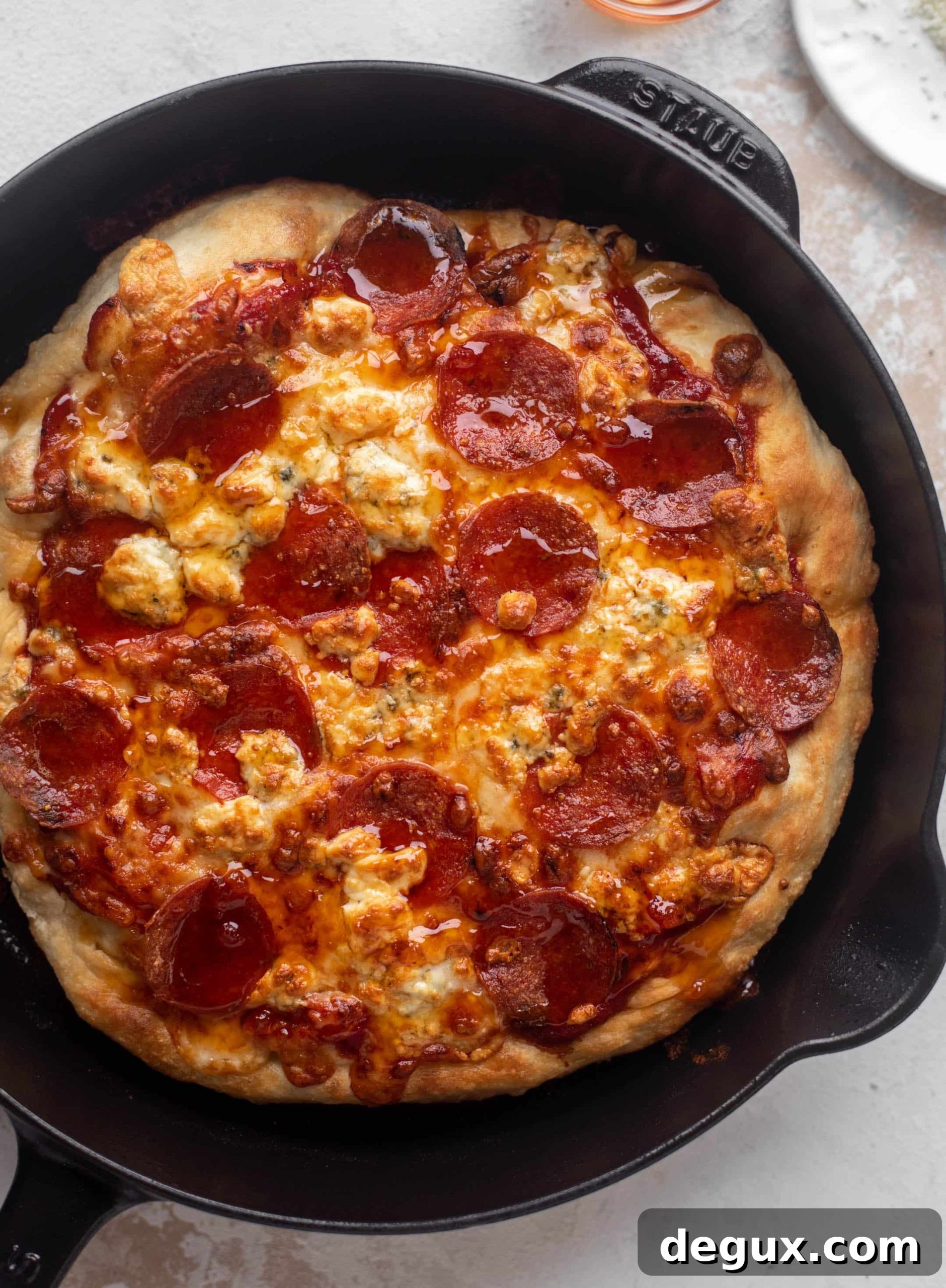 Skillet Pepperoni Pizza with Hot Honey and Blue Cheese Crumbles 4 skillet pepperoni pizza