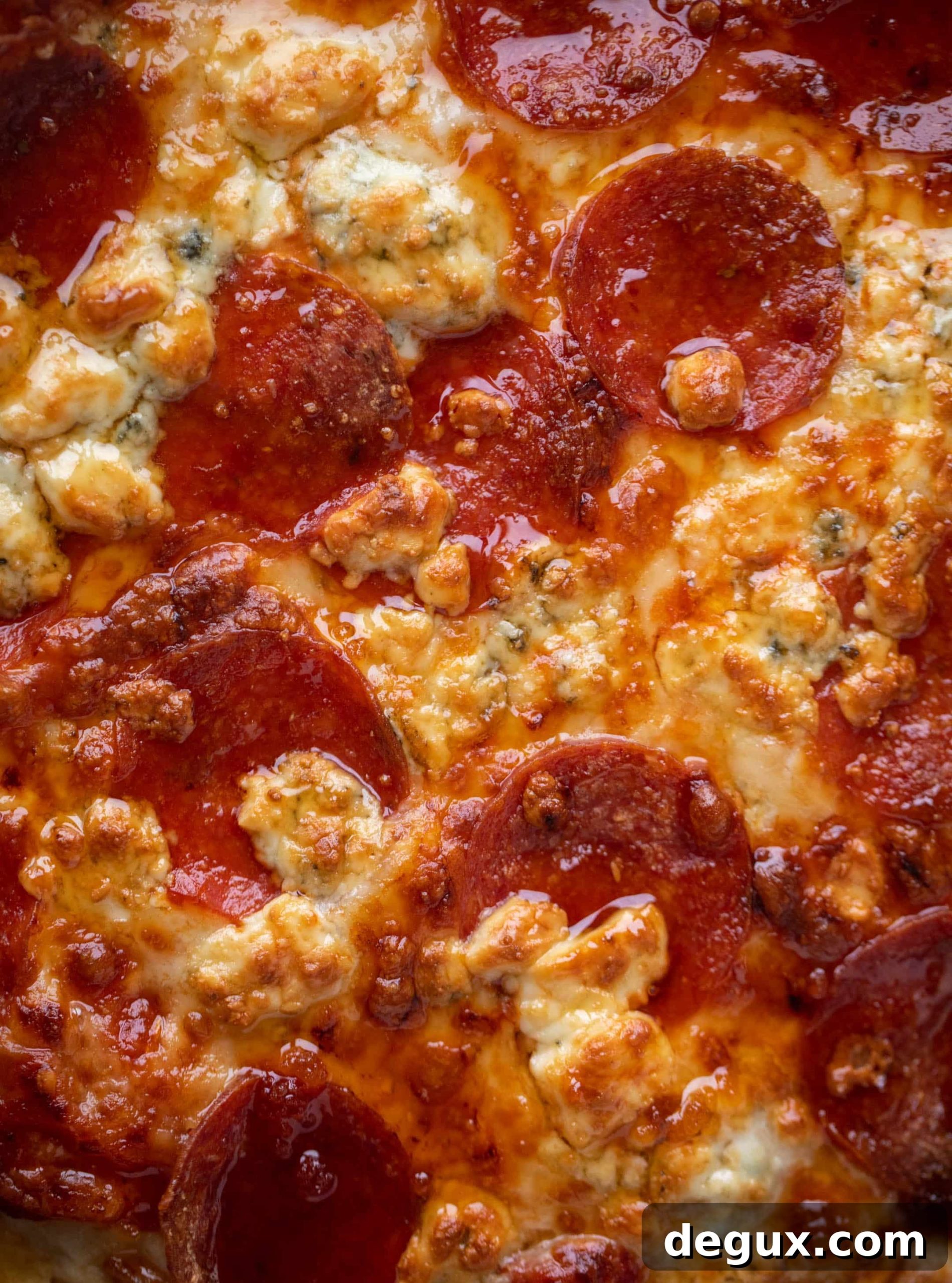 Skillet Pepperoni Pizza with Hot Honey and Blue Cheese Crumbles 5 skillet pepperoni pizza up close
