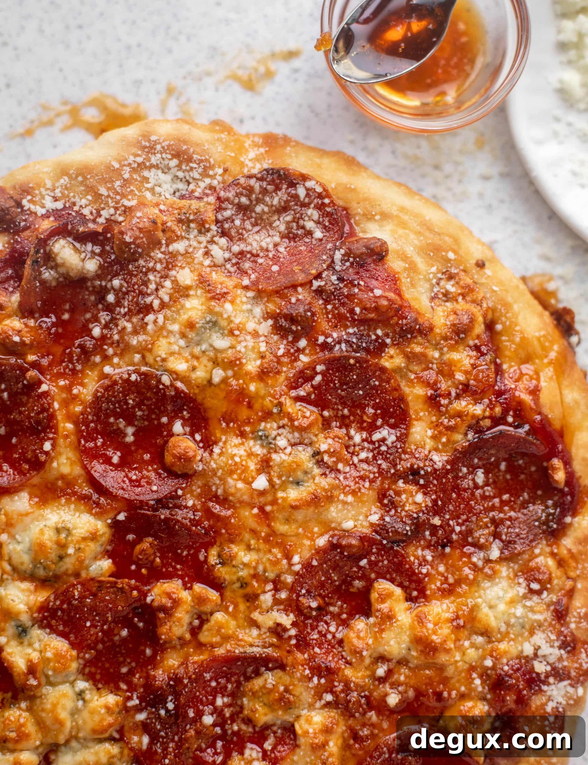 Skillet Pepperoni Pizza with Hot Honey and Blue Cheese Crumbles 6 skillet pepperoni pizza