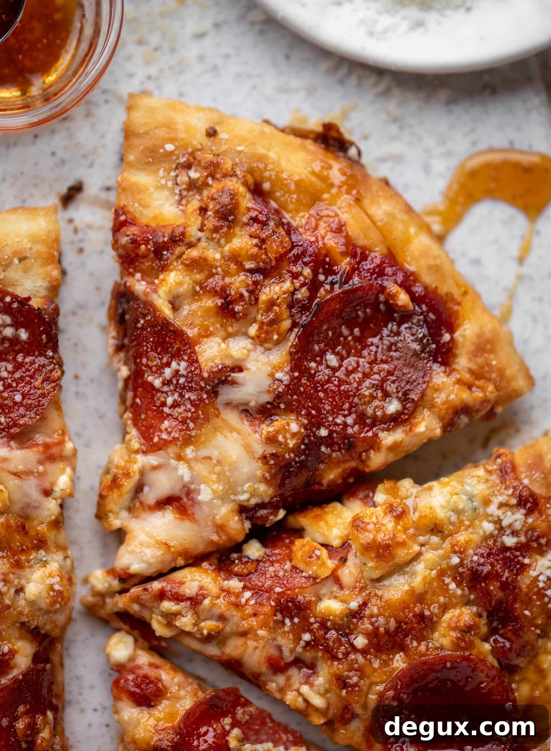 Skillet Pepperoni Pizza with Hot Honey and Blue Cheese Crumbles 8 skillet pepperoni pizza