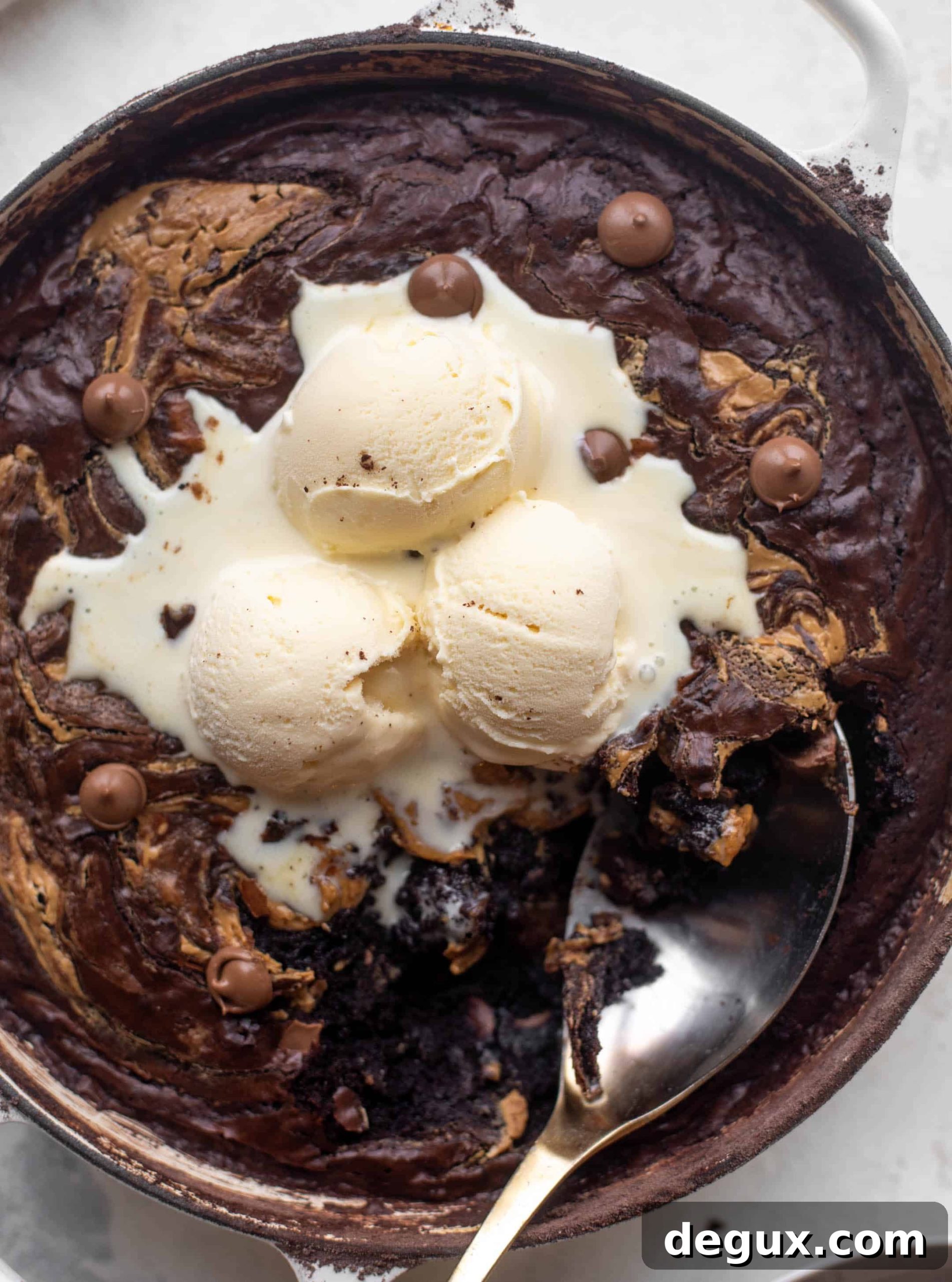 chocolate peanut butter skillet brownie with ice cream