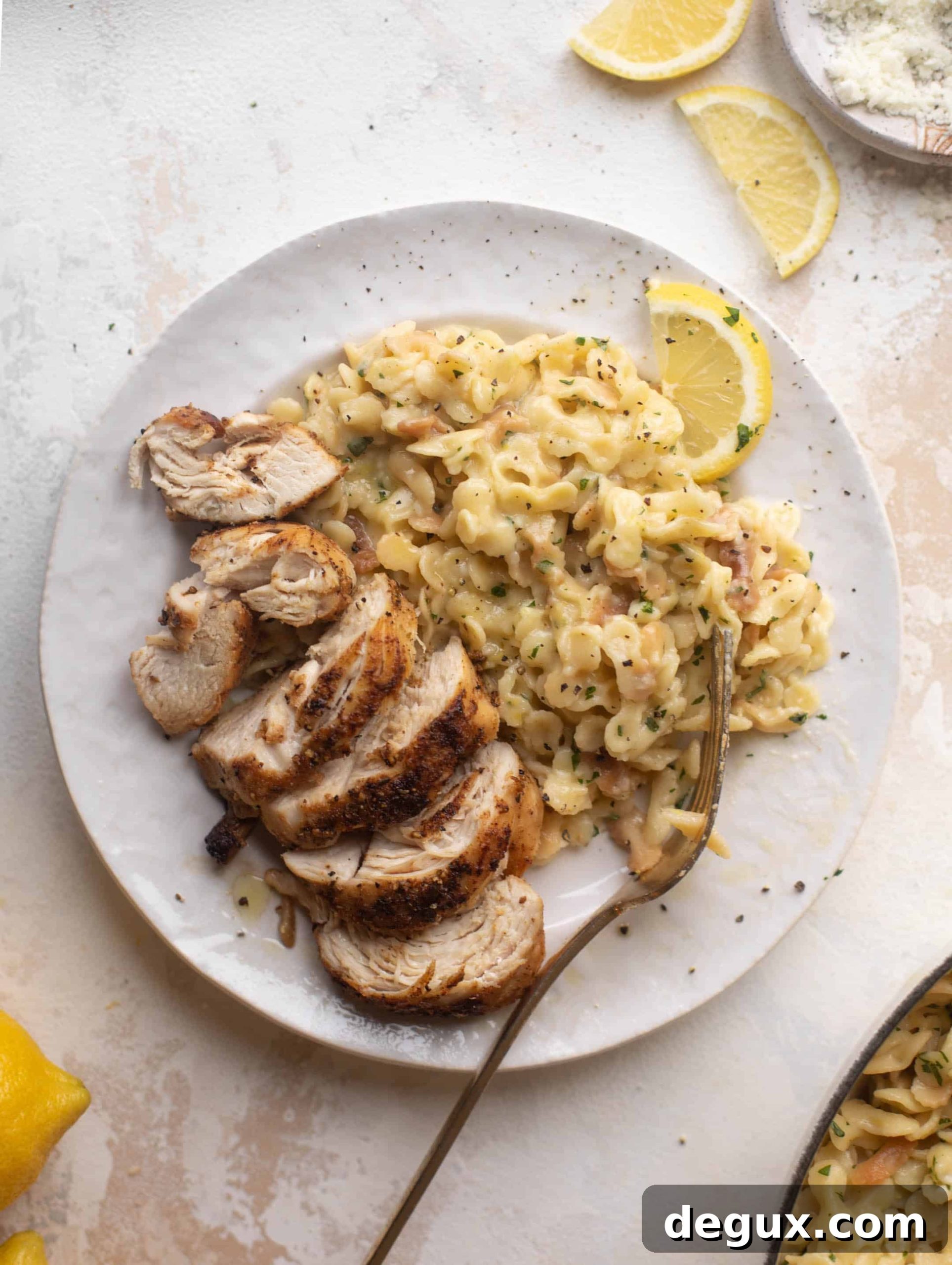 seared cast iron chicken with baked lemon pasta