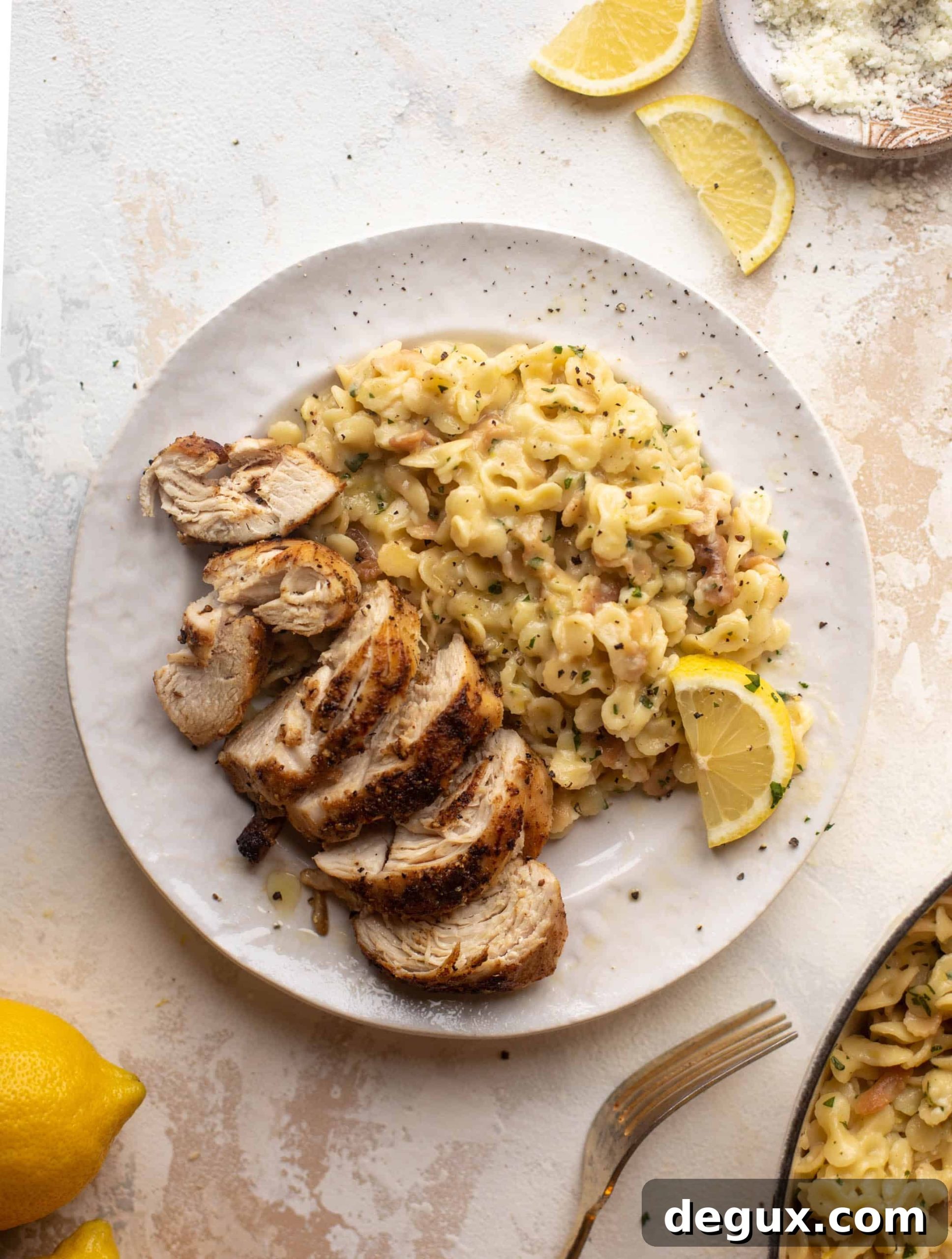 seared cast iron chicken with baked lemon pasta