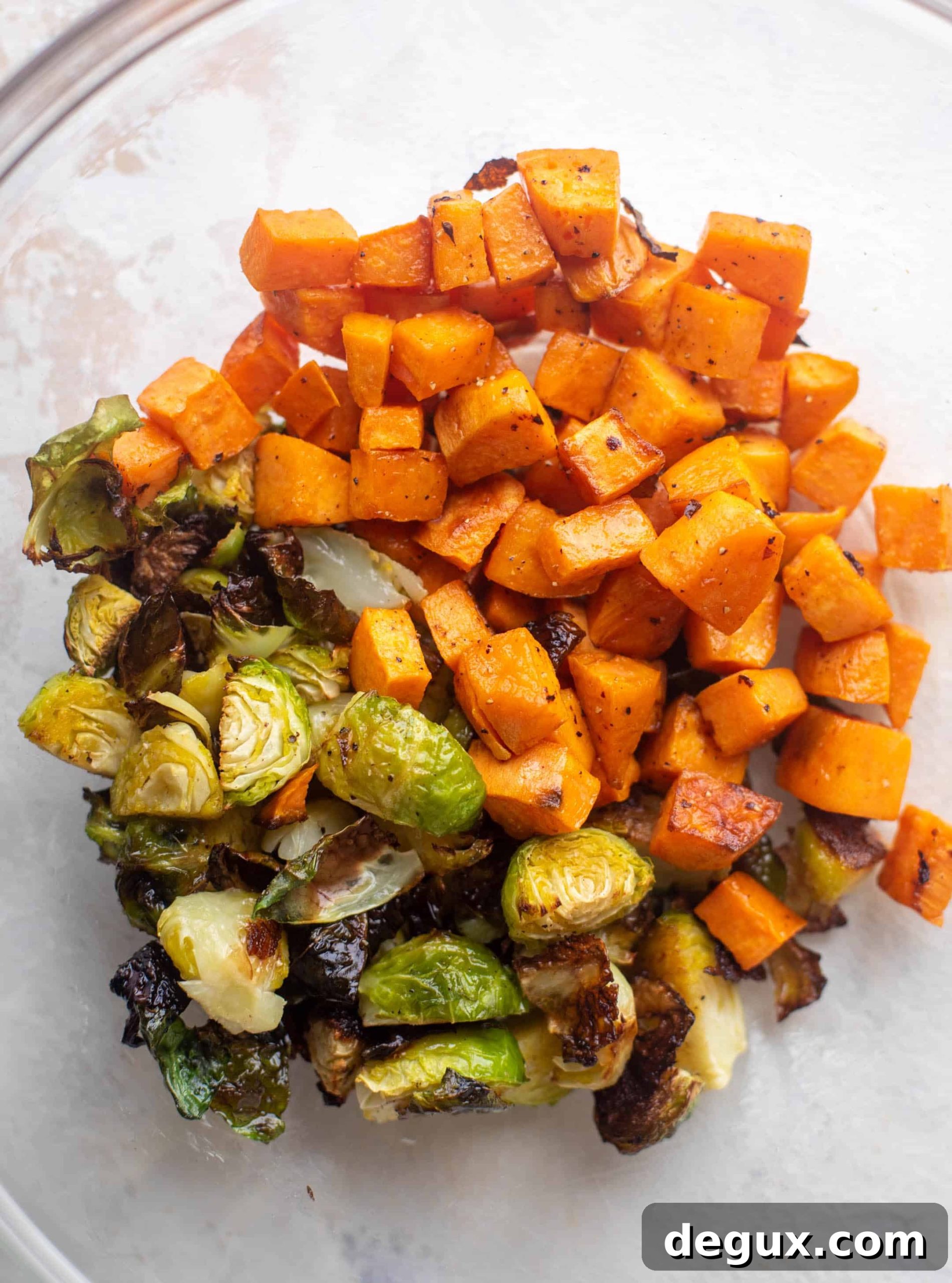 Winter Chickpea Salad with Smoked Provolone for Lunch 3 roasted brussels and sweet potatoes