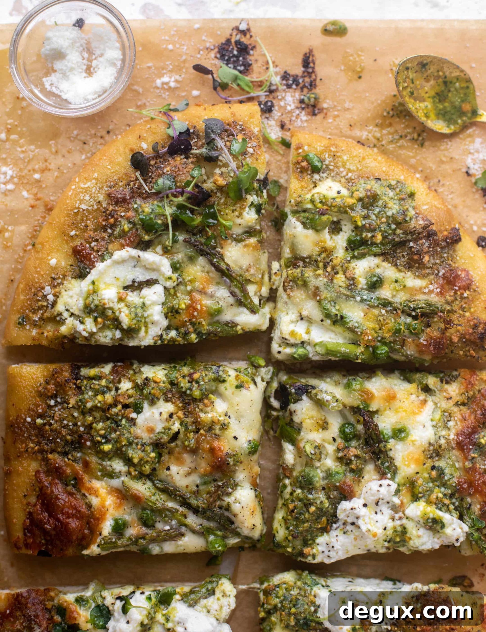 spring pistachio pesto pizza