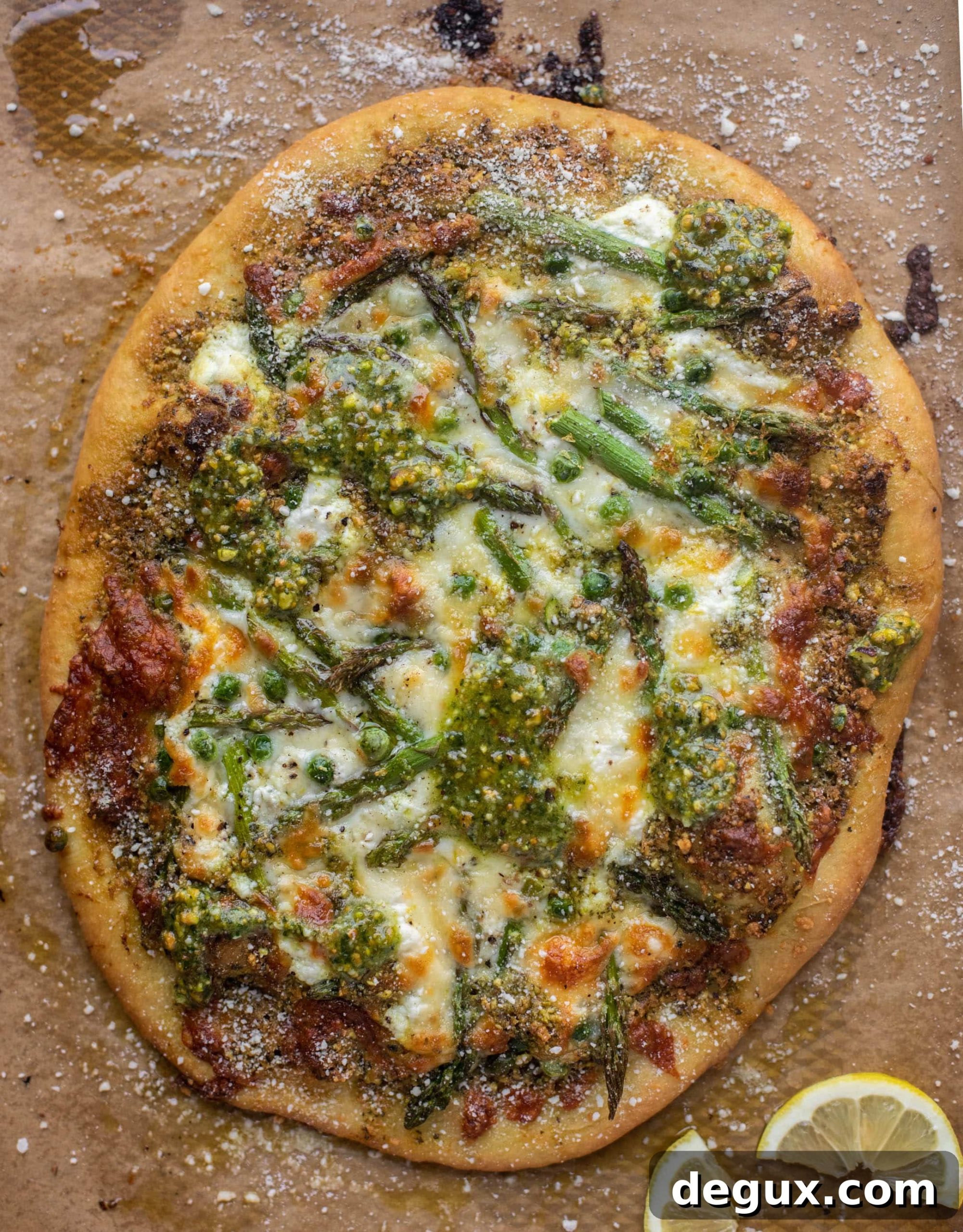spring pistachio pesto pizza