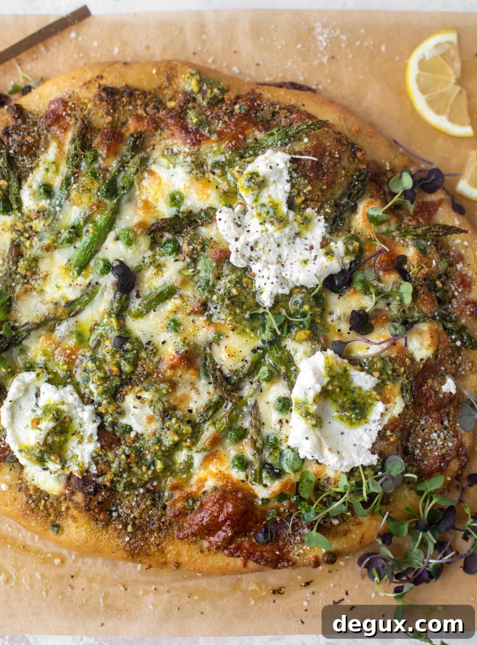 spring pistachio pesto pizza