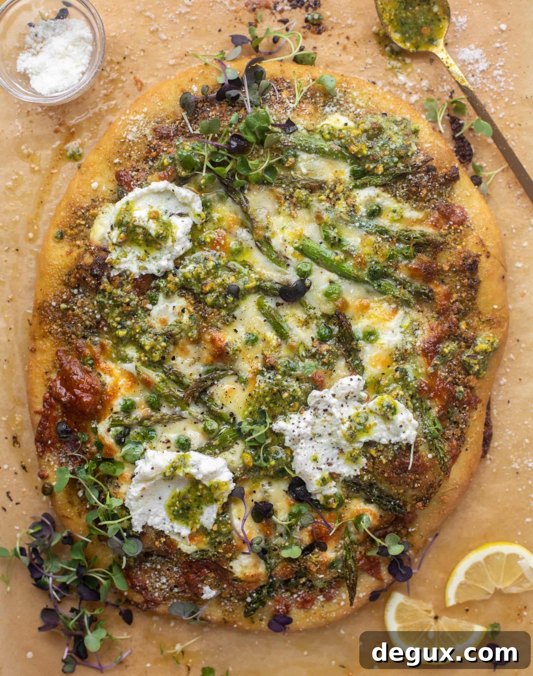 spring pistachio pesto pizza